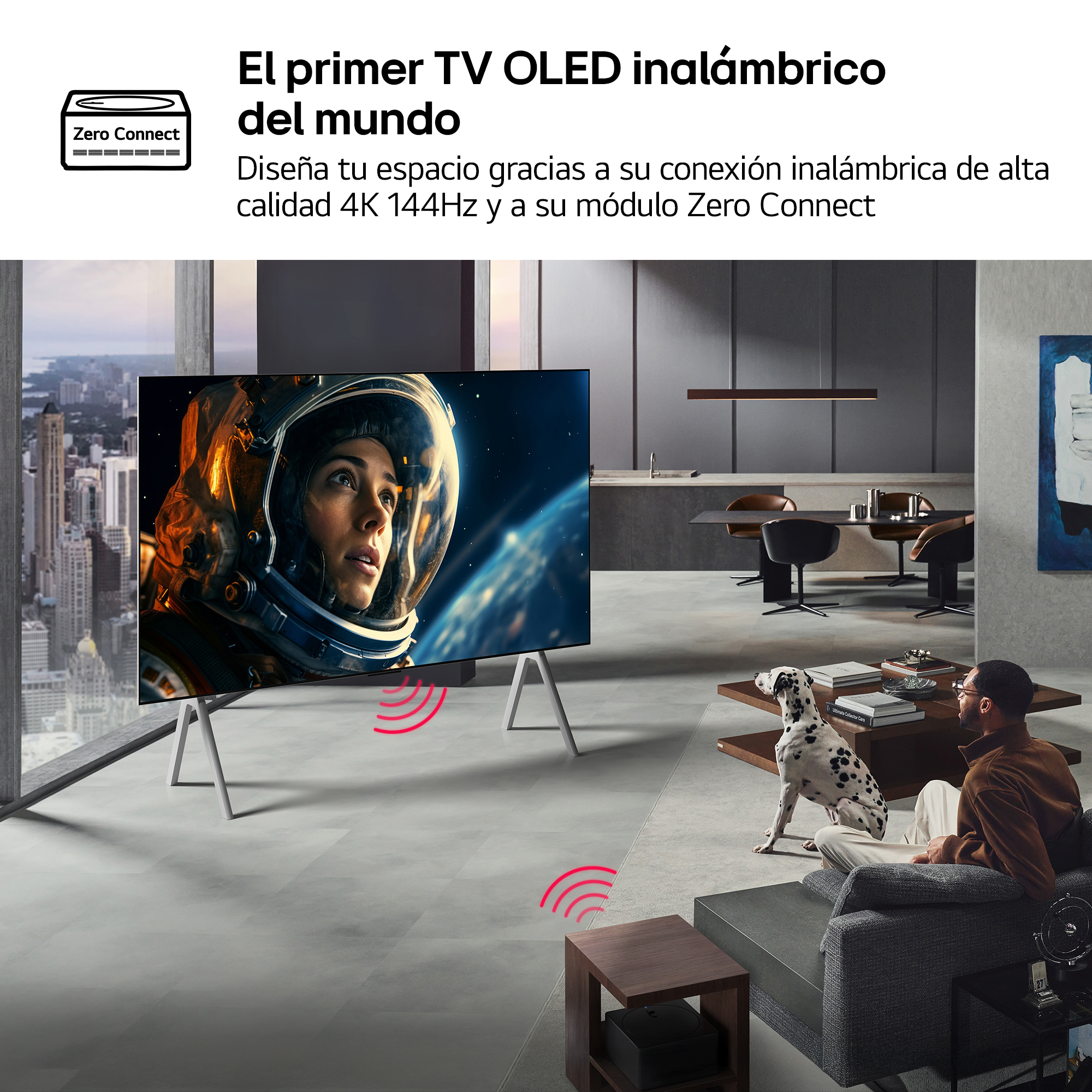 Salón con TV mostrando astronauta, hombre, dálmata y paisaje urbano. Se representan señales inalámbricas.