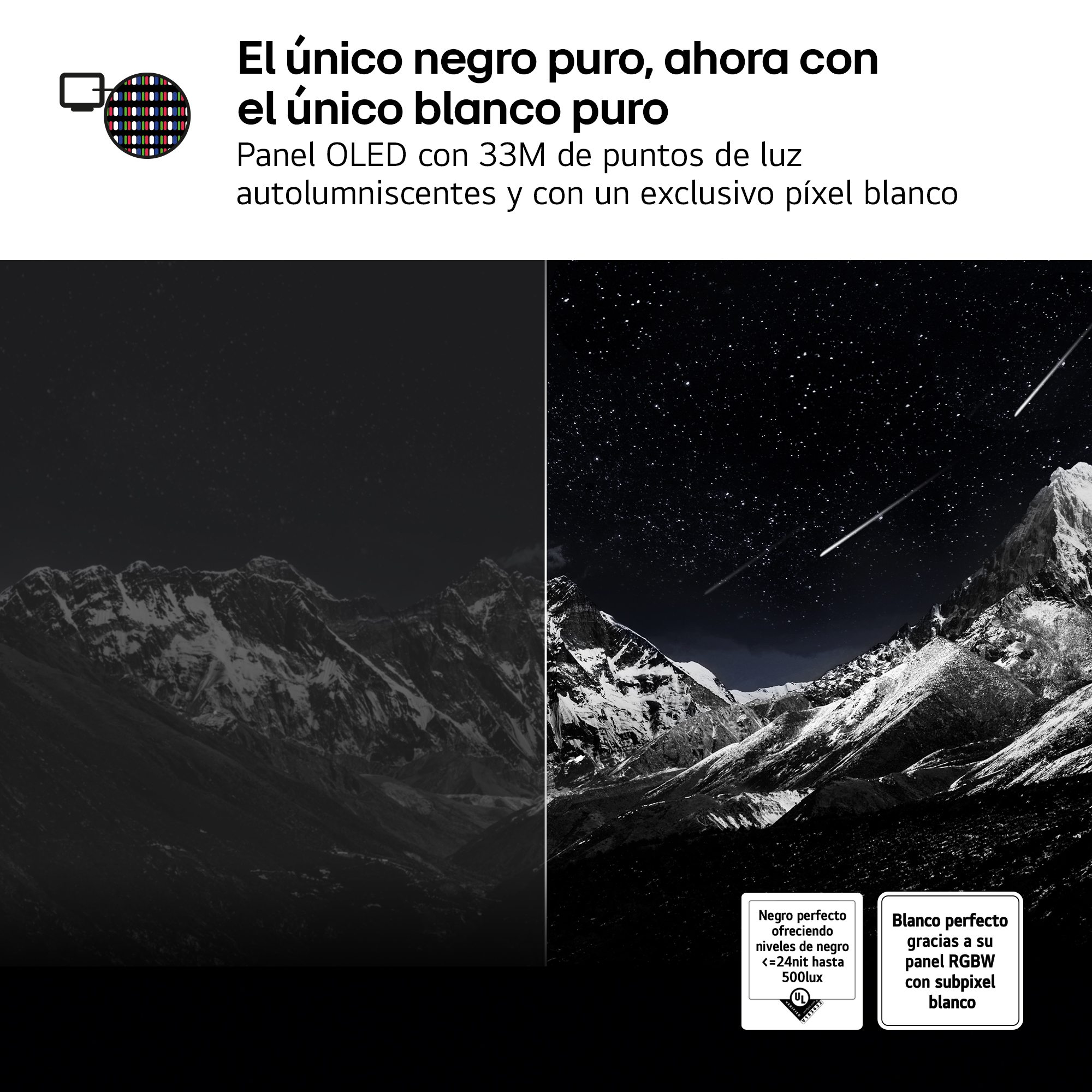 Imagen dividida en dos partes. Izquierda: Cordillera. Derecha: Cielo nocturno con estrellas y meteoritos sobre montañas.