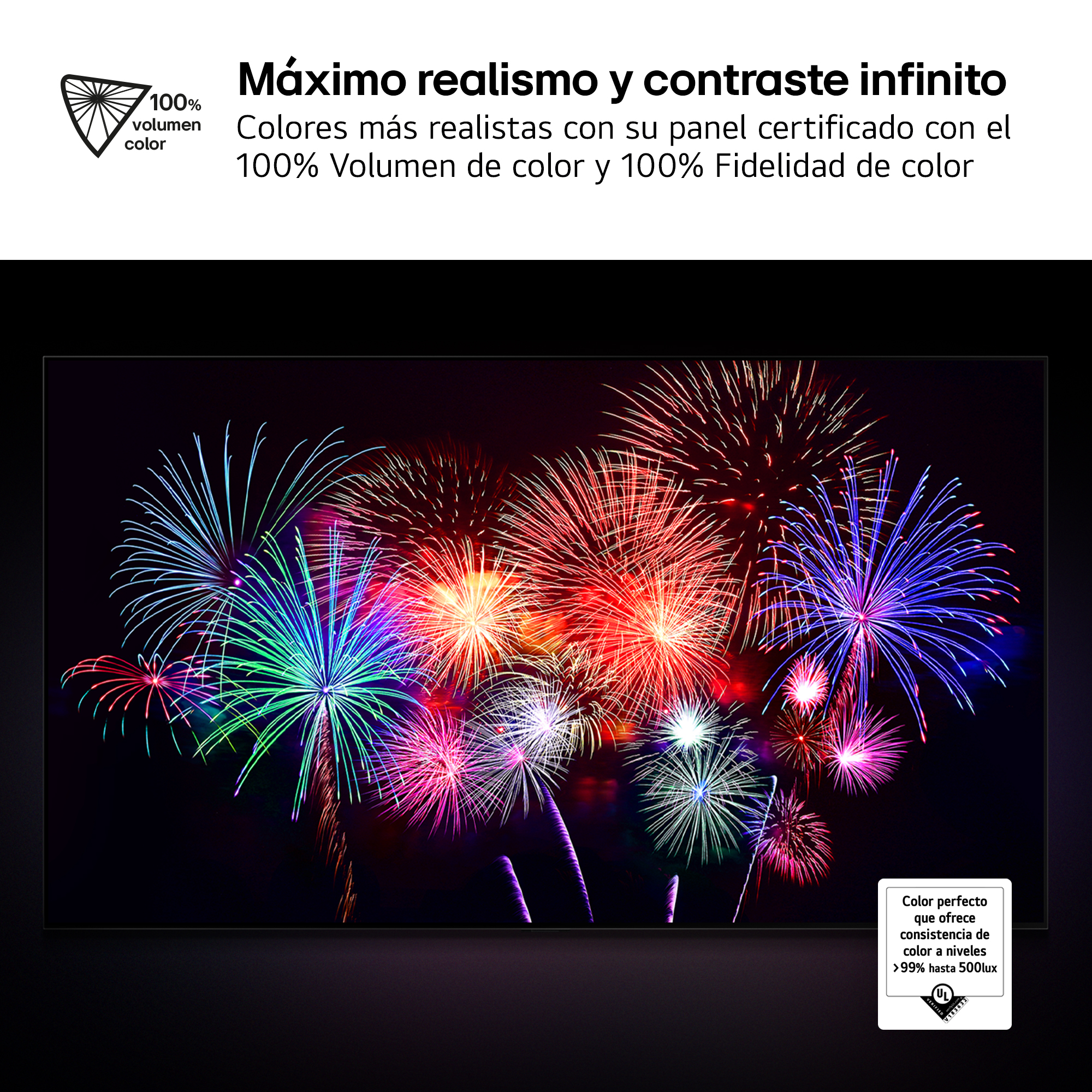 Fuegos artificiales de colores explotan en el cielo nocturno. La imagen está en una pantalla de TV. El texto dice 'Máximo Realismo y Contraste Infinito'.