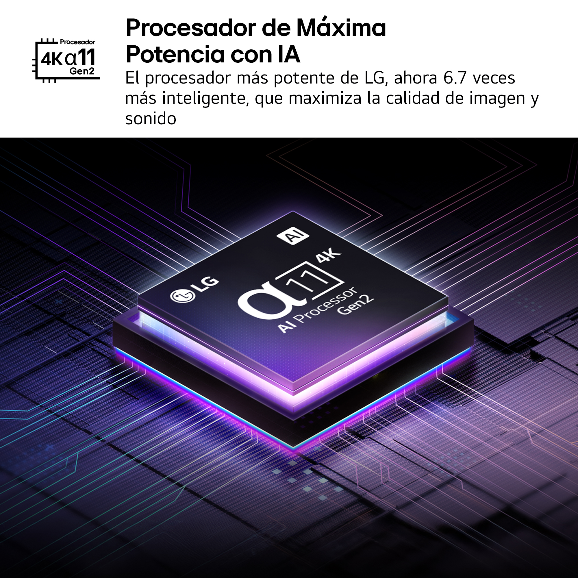 Imagen de un procesador LG AI. Es un chip negro con un brillo púrpura, en una placa de circuito con líneas púrpuras.