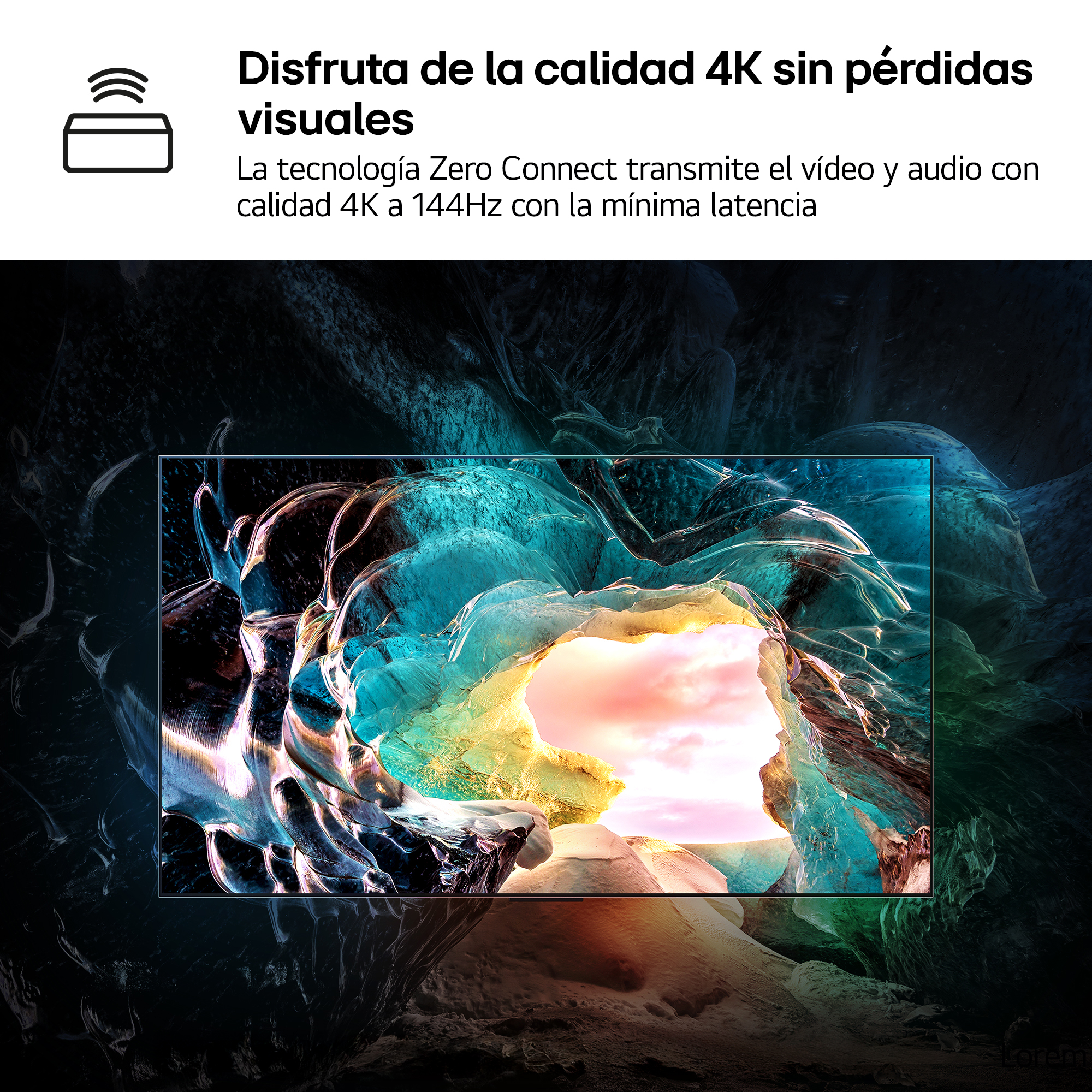 Imagen muestra TV con formas abstractas coloridas, sobre fondo oscuro y texturizado.