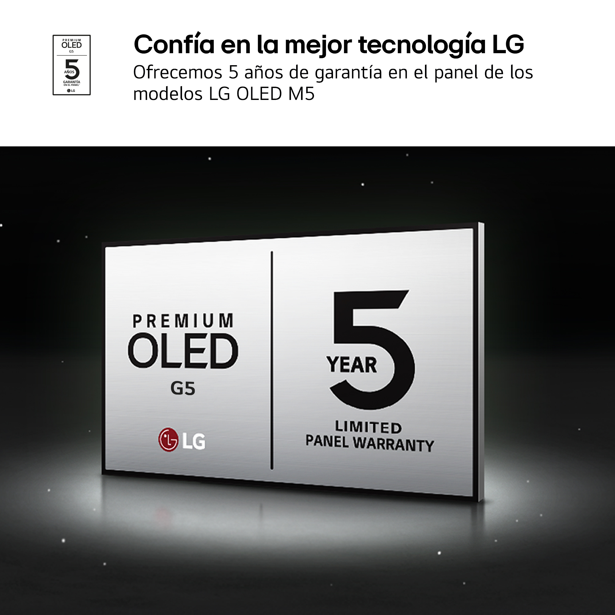 La imagen muestra una garantía de TV LG OLED. Presenta un gráfico con "Premium OLED G5" y una "Garantía limitada de 5 años".