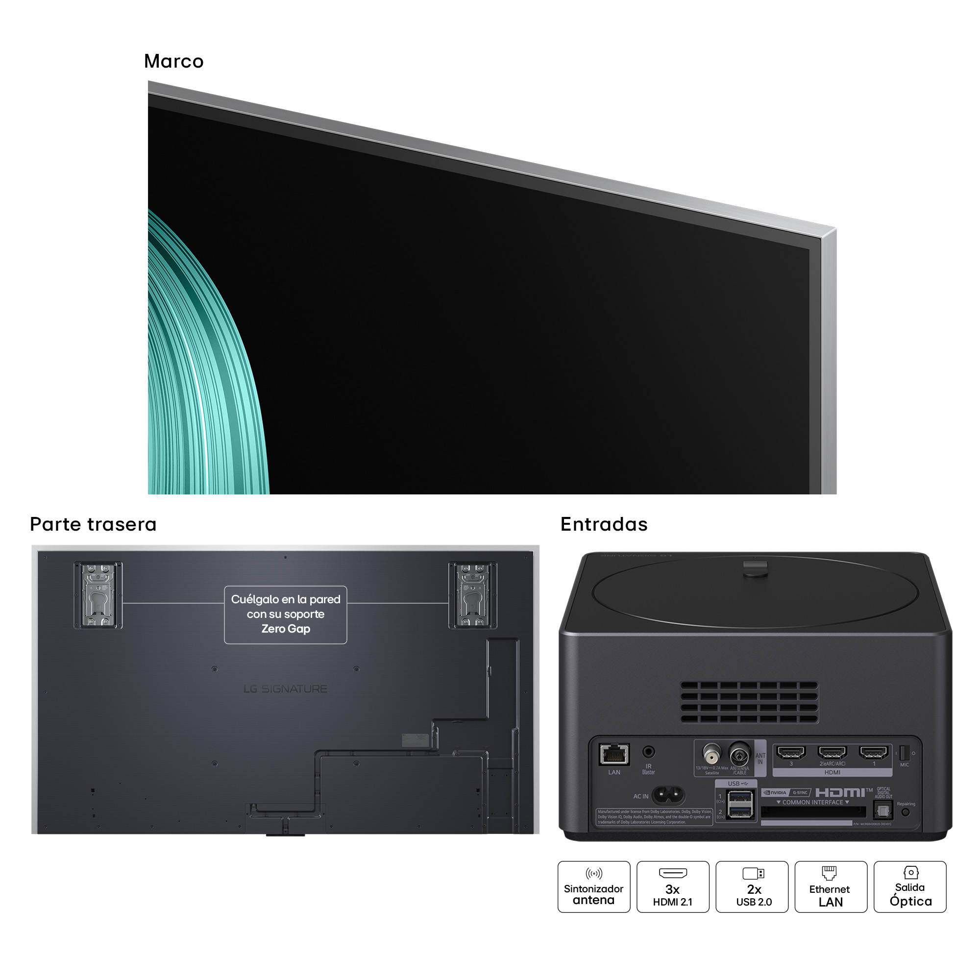TV con marco, parte trasera con soporte de pared y panel de entrada con puertos como HDMI, USB y antena. Pantalla negra.