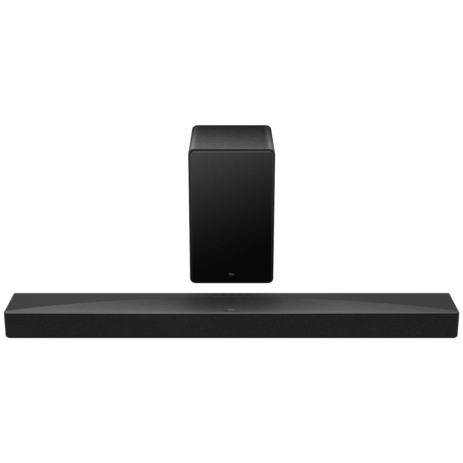 Een zwarte soundbar en subwoofer set. De soundbar is lang en rechthoekig. De subwoofer is een zwarte vierkant.