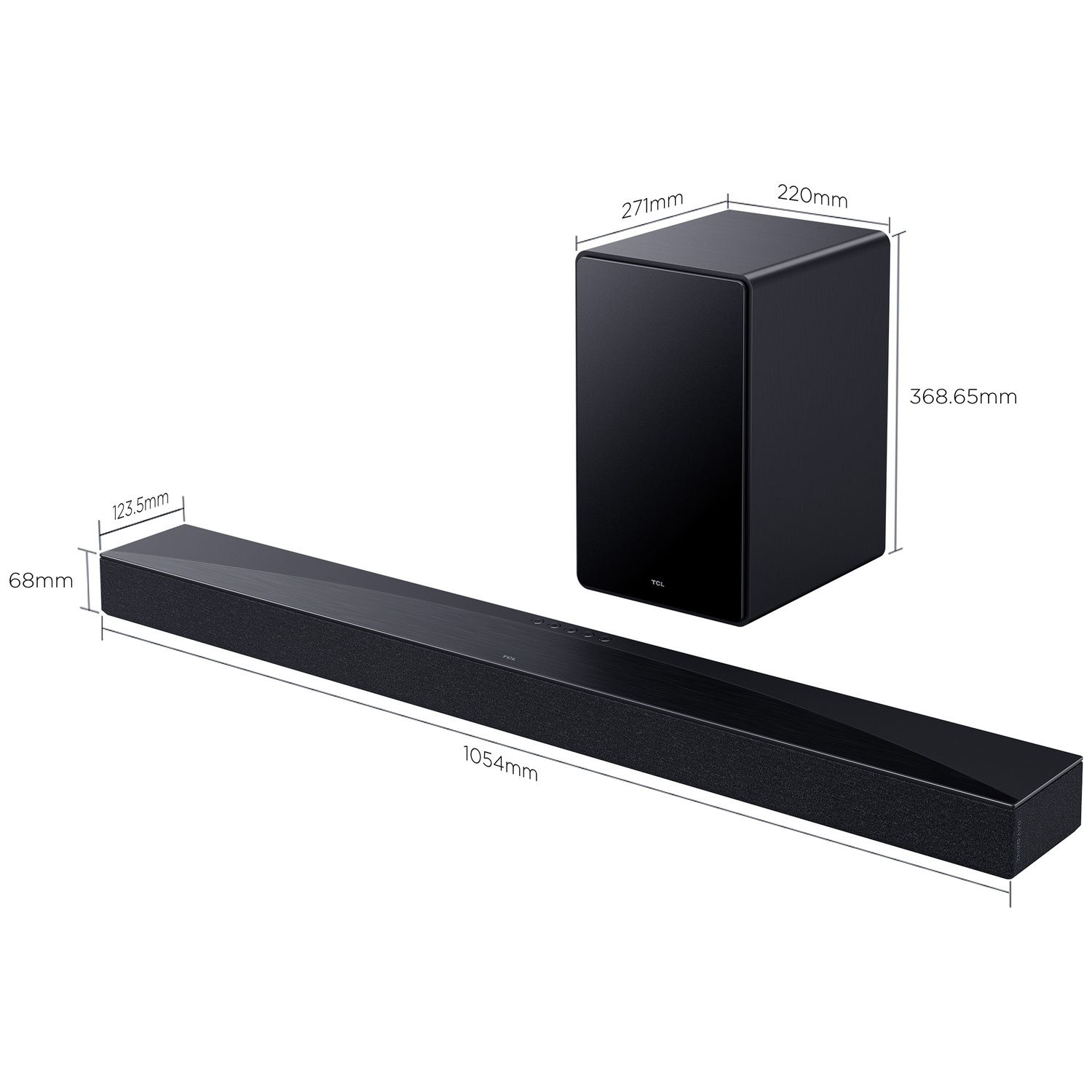 Een zwarte soundbar en subwoofer worden getoond. Afmetingen zijn aangegeven. De soundbar is 1054 mm lang, de subwoofer is 368,65 mm hoog.