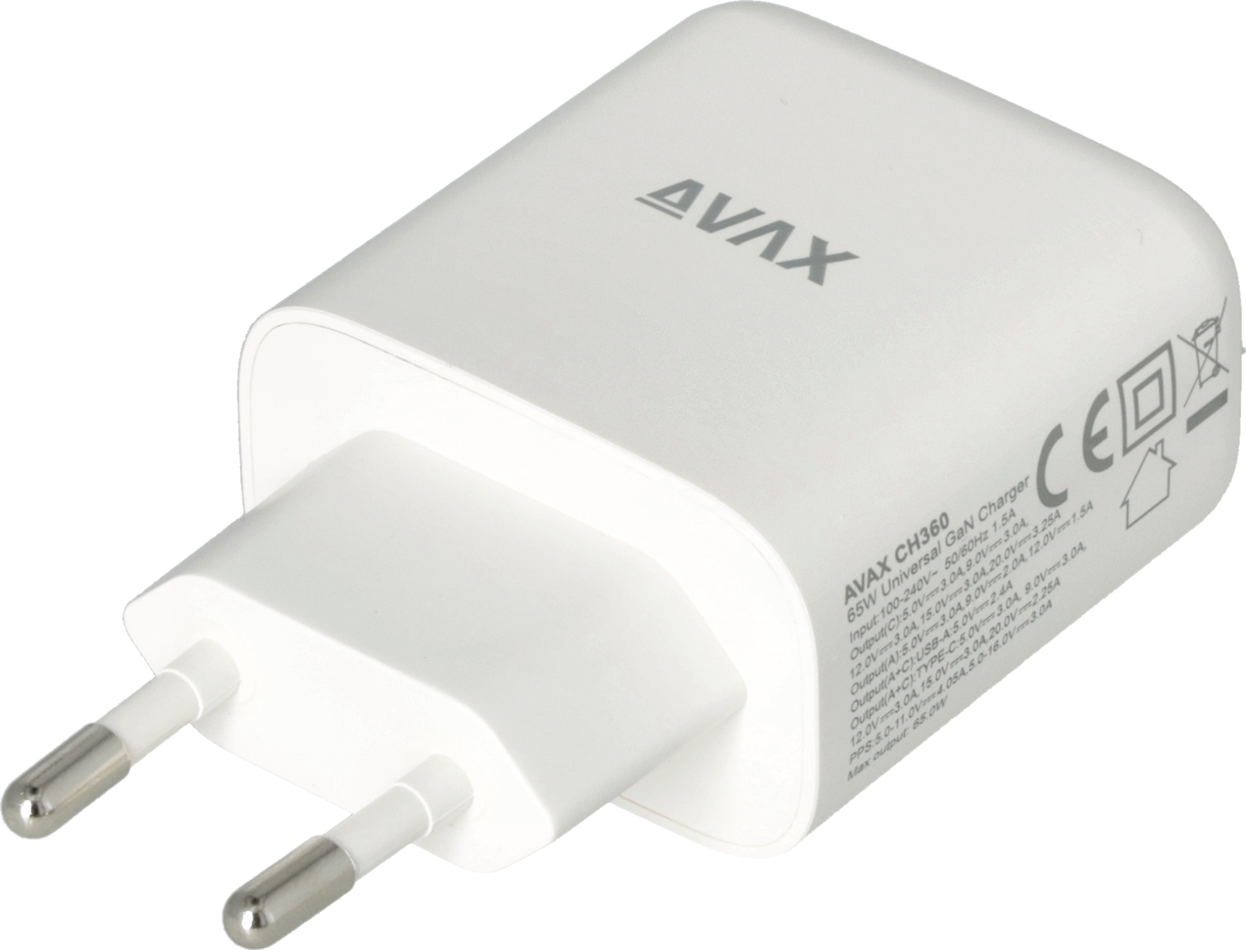 Egy fehér AVAX CH360 töltő két csatlakozóval. Lekerekített formájú, és a specifikációit jelző feliratok találhatók rajta.