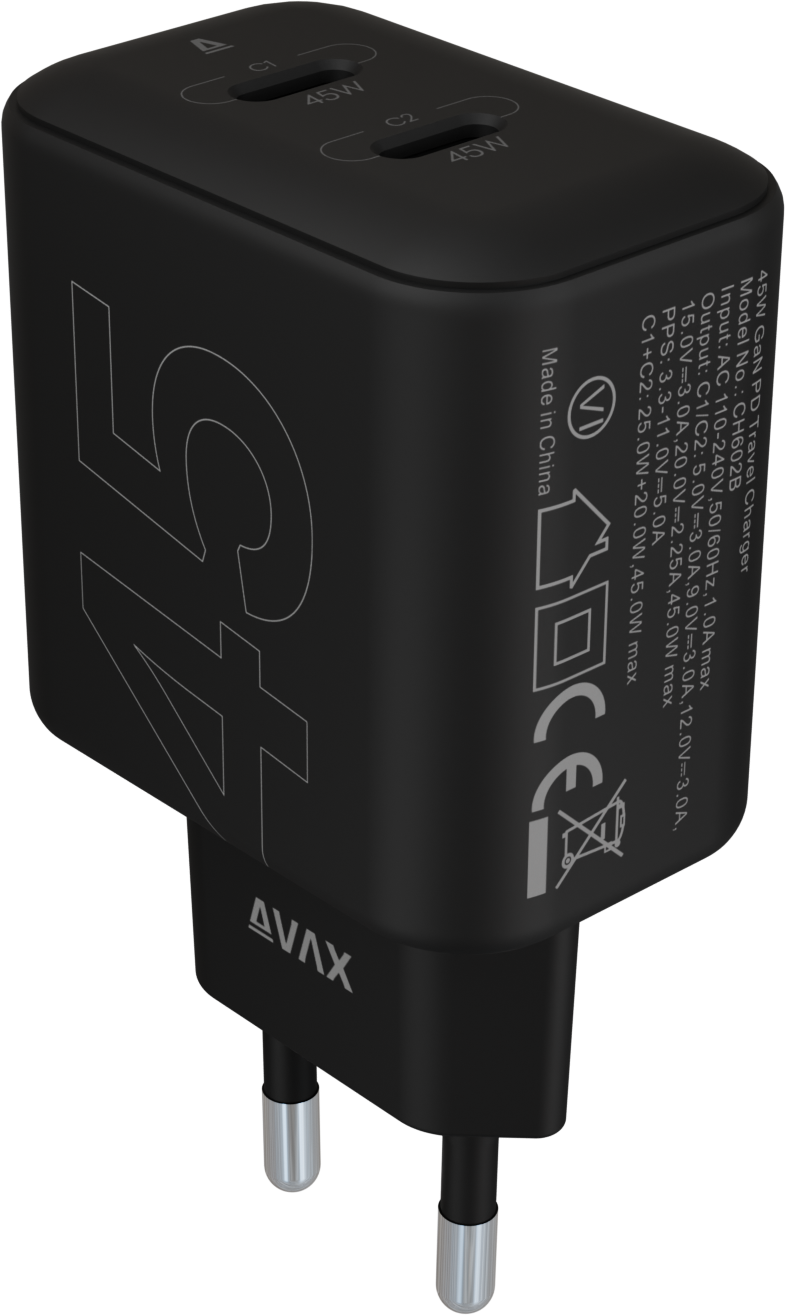 AVAX SPEEDY+ Hálózati gyorstöltő adapter 2x USB-C, 45 W, fekete (CH602B)