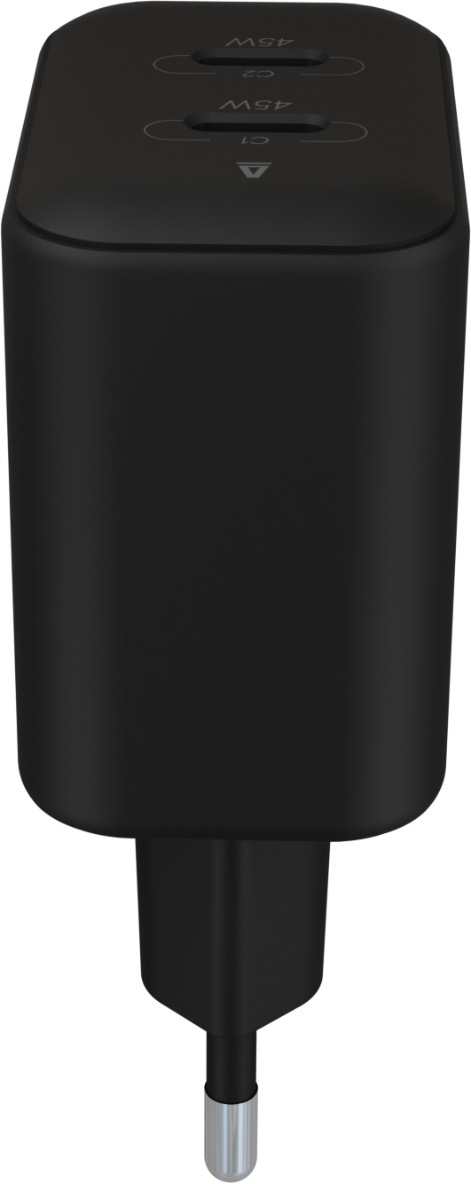 Egy fekete fali töltő két USB-C porttal, C1 és C2 felirattal, mindegyik 45W. A töltő alján dugó található.