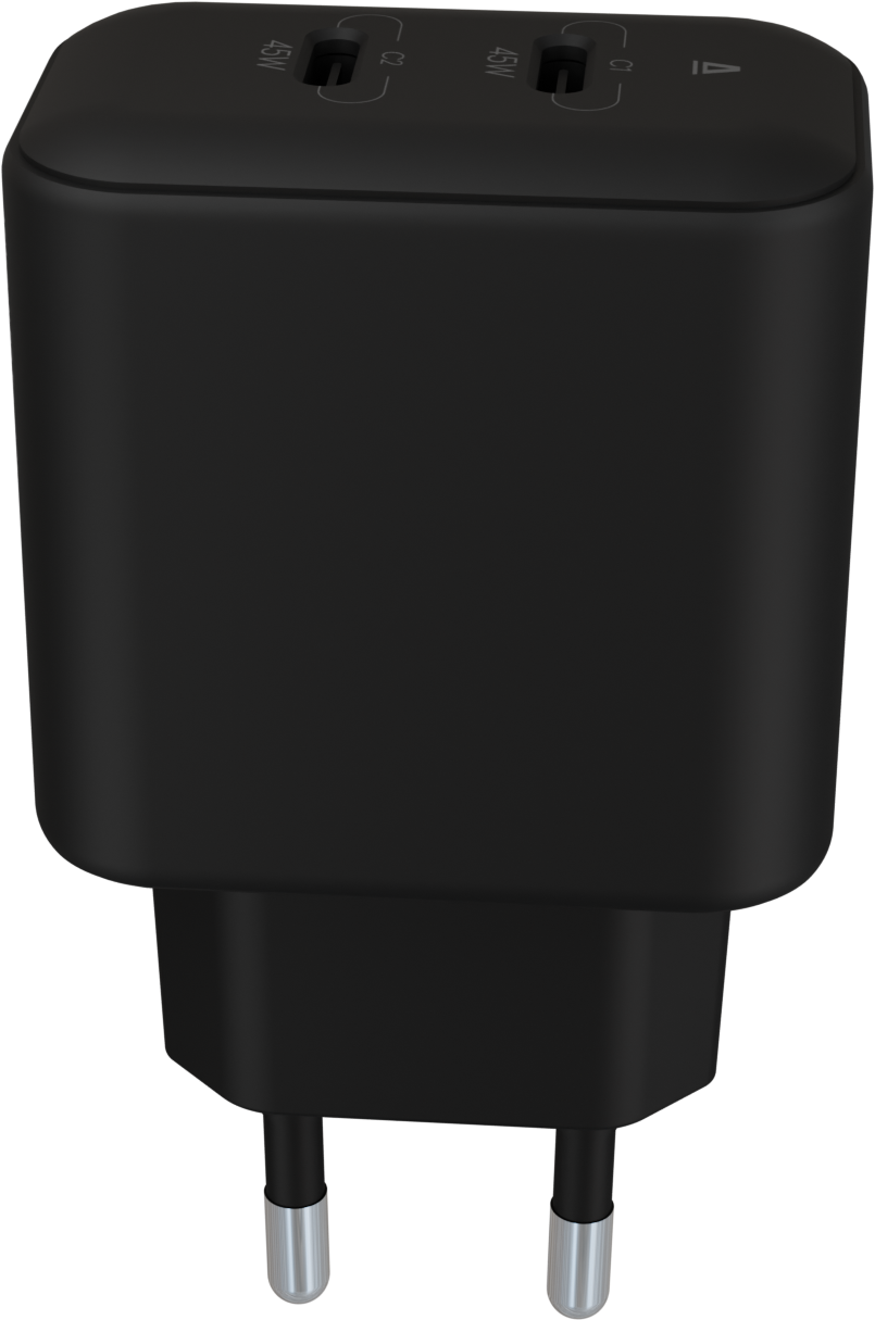 Egy fekete hálózati adapter két USB-C porttal, 45W felirattal és ezüst hegyű, kétpólusú dugóval.
