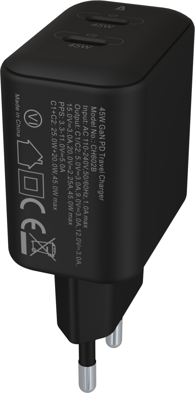 Egy fekete 45 W-os GaN PD utazótöltő, két C típusú USB-porttal, C1 és C2 felirattal és egy dugóval.
