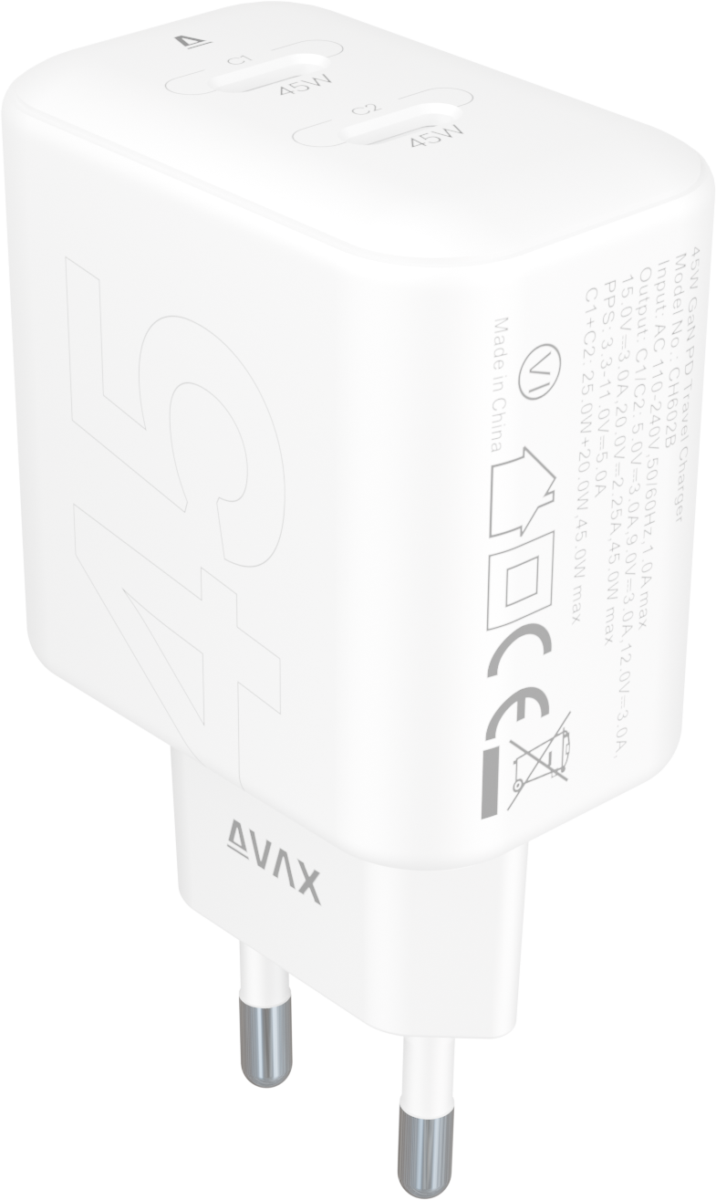 AVAX SPEEDY+ Gyorstöltő adapter 2x USB-C, 45 W, fehér (CH602W)