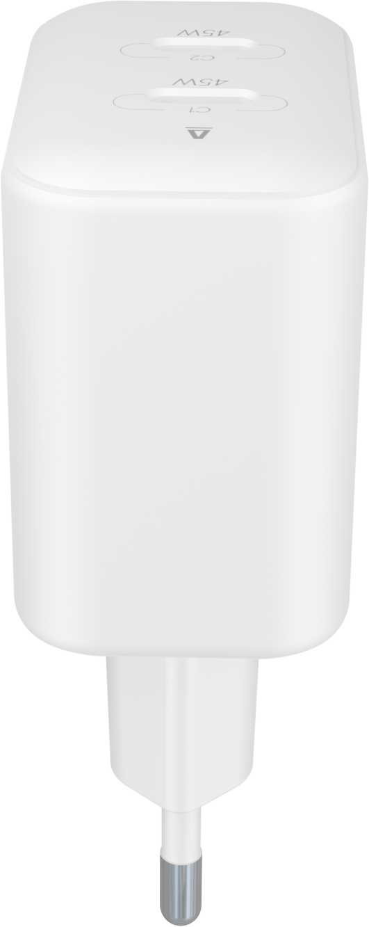 Fehér hálózati adapter két USB-C porttal, C1 és C2 felirattal, mindegyik 45W. Az adapter alján dugó található.