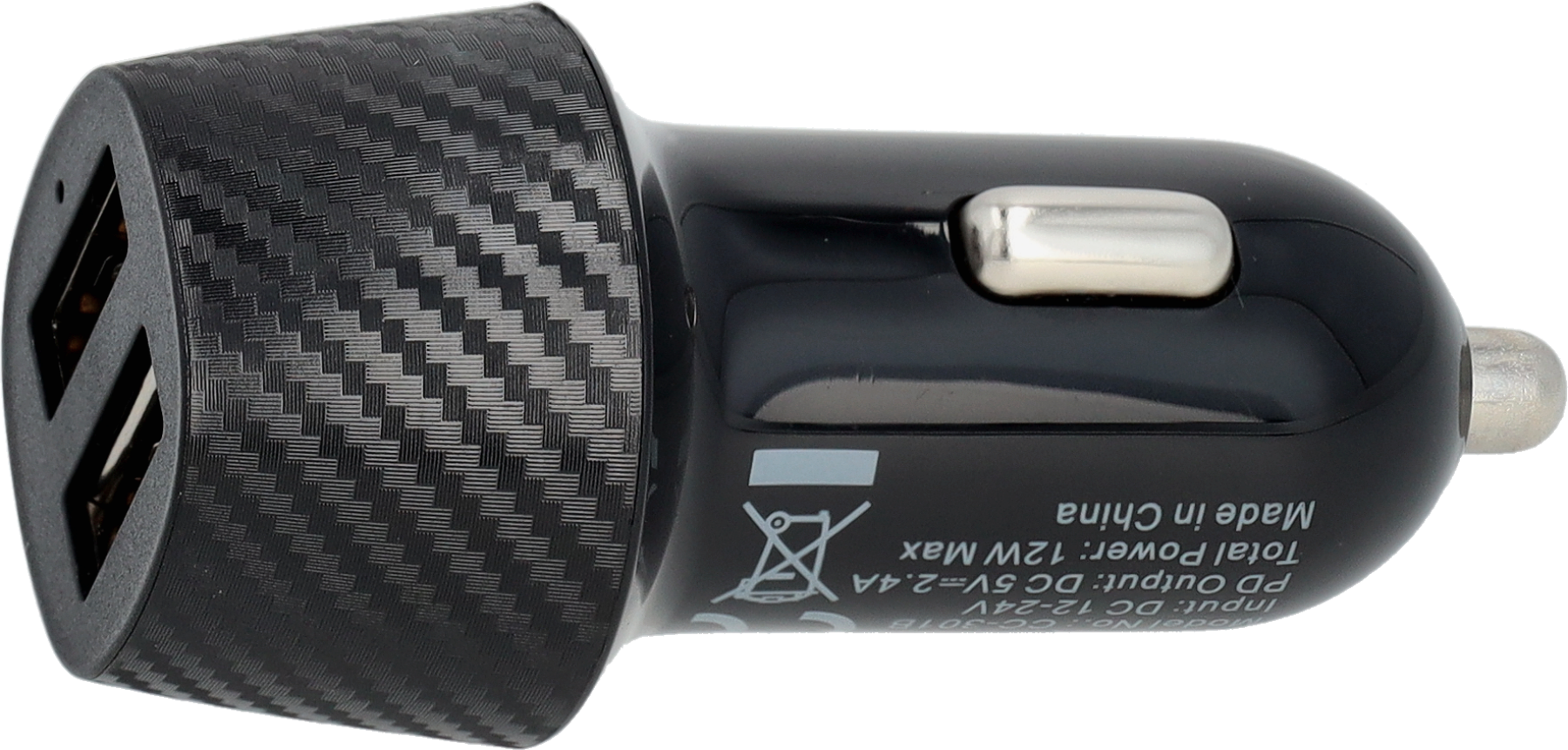 Fekete autós töltő szénszálas textúrával. USB portokkal és fém gombbal rendelkezik. Információk nyomtatva.