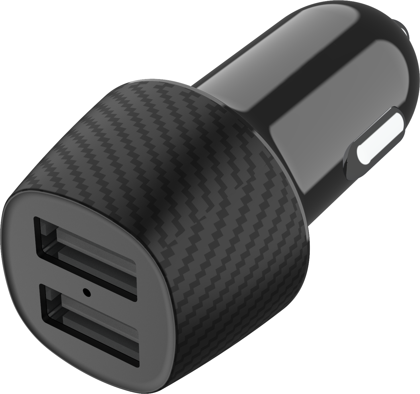 Egy fekete USB-s autós töltő. Két USB-portja és szénszálas kialakítása van a testen. Fényes fekete teteje.