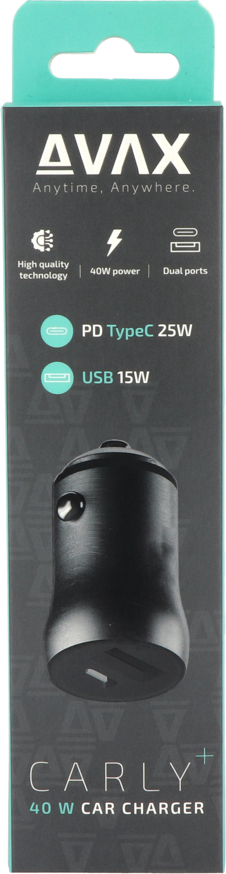 Egy autós töltő csomagolása. Fekete, és egy fekete töltő van benne. A szöveg 40W, PD TypeC, USB és Carly+.