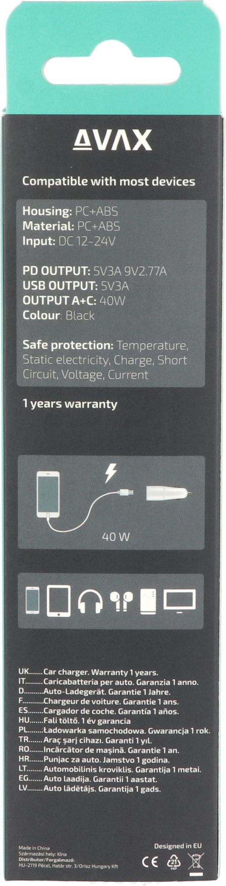 Fekete töltődoboz specifikációkkal és garanciális információkkal. Egy töltő telefont mutat.