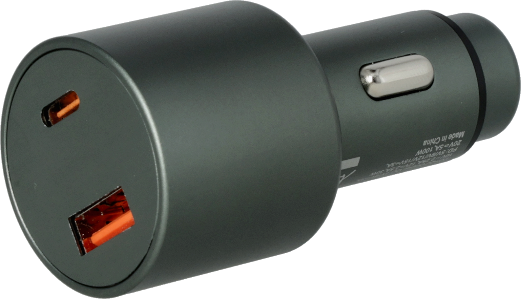 Egy sötétszürke autós töltő, két narancssárga USB porttal és egy ezüst gombbal. Szöveg: Made in China, 20V-5A, 100W.