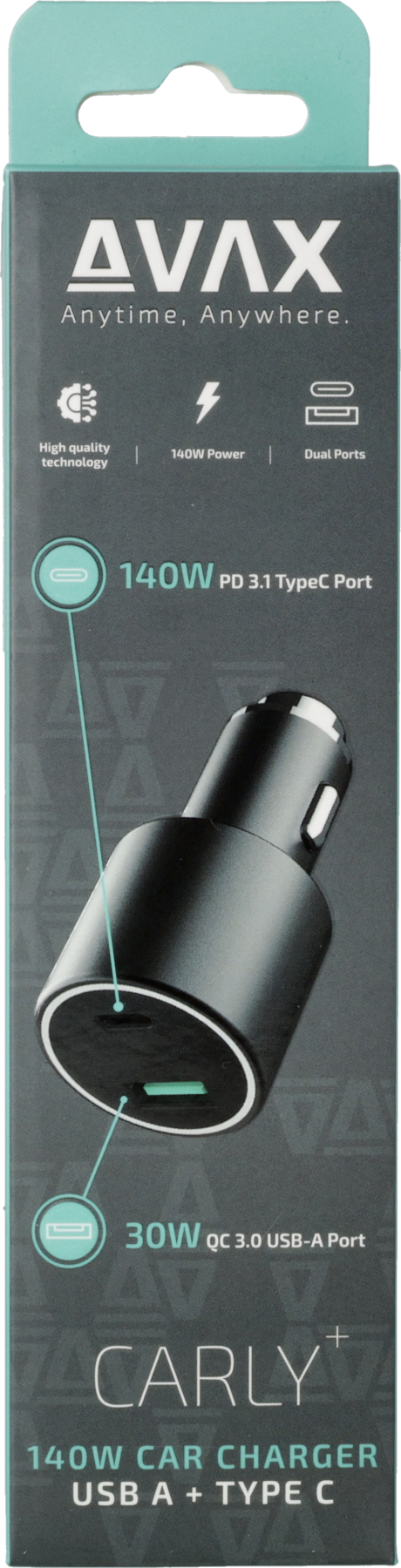 Fekete autós töltő dobozon. A szöveg tartalmazza az 'AVAX', '140W' és 'USB A + TYPE C' szavakat.