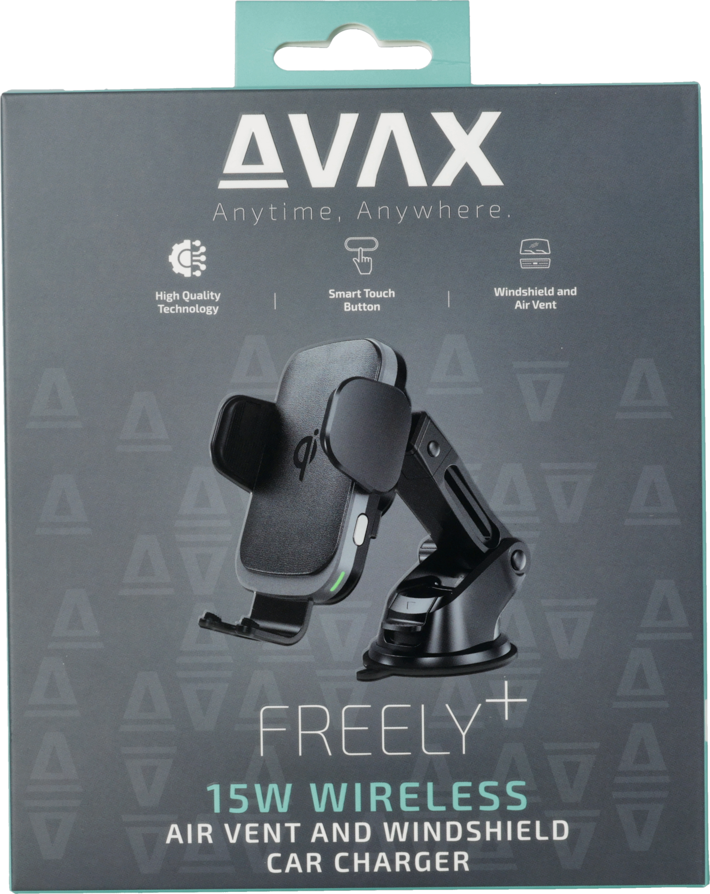 Dobozos autós töltő. Fekete telefontartó szürke háttéren. A szöveg tartalmazza az 'AVAX', 'FREELY+' és '15W Wireless' feliratokat.