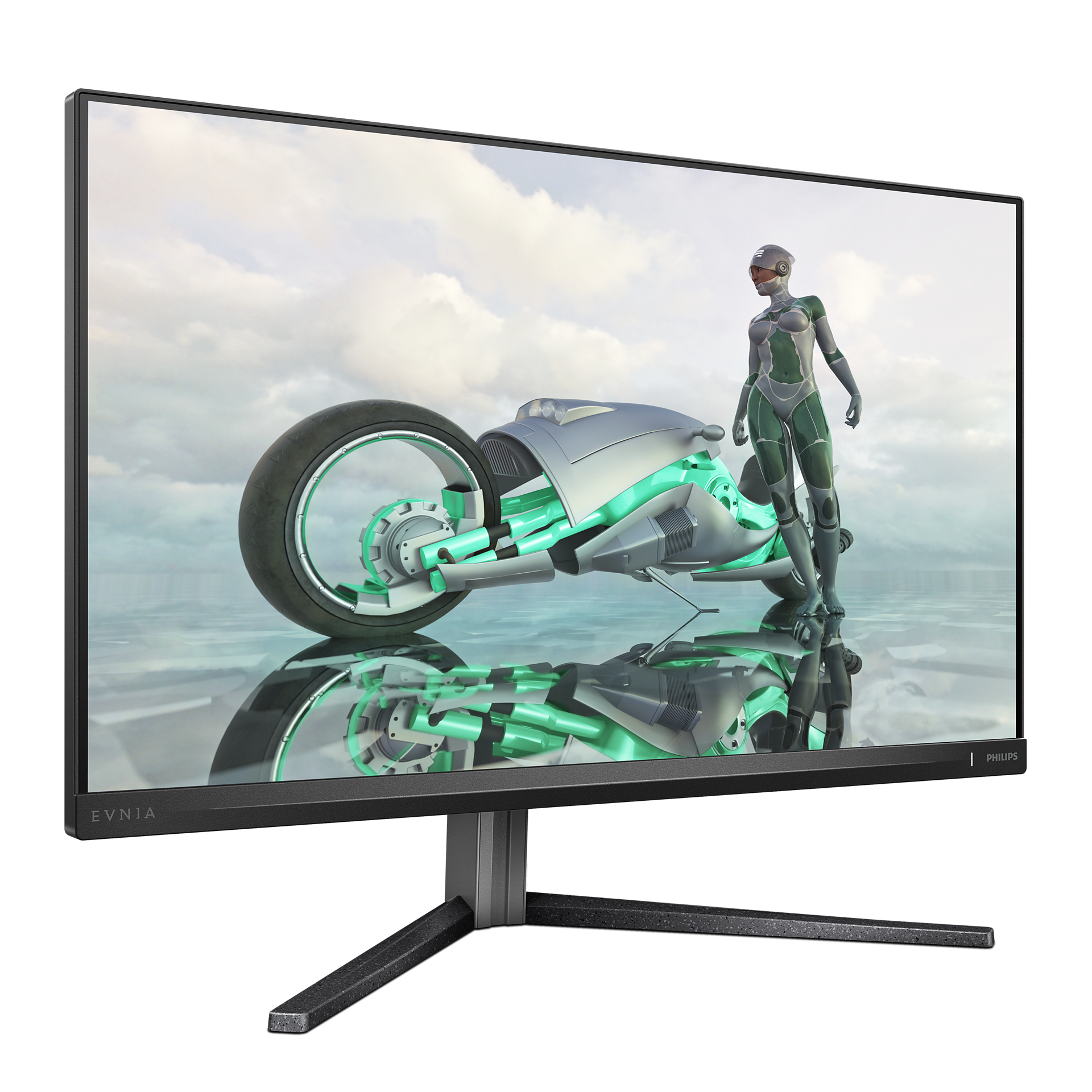 El monitor muestra una moto futurista y una persona con un traje verde y plateado. El fondo tiene nubes.