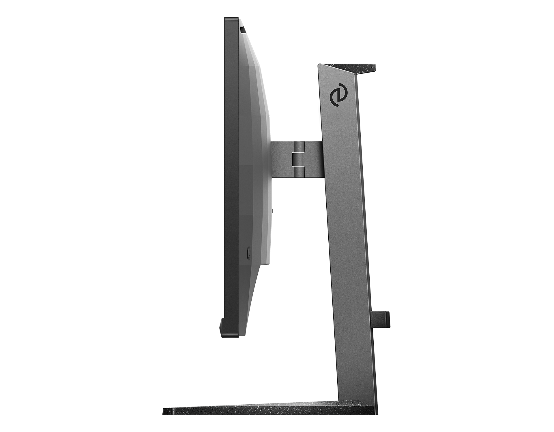 Vista lateral de un monitor de computadora gris. Tiene un soporte con una base moteada negra y un logotipo en la parte posterior.