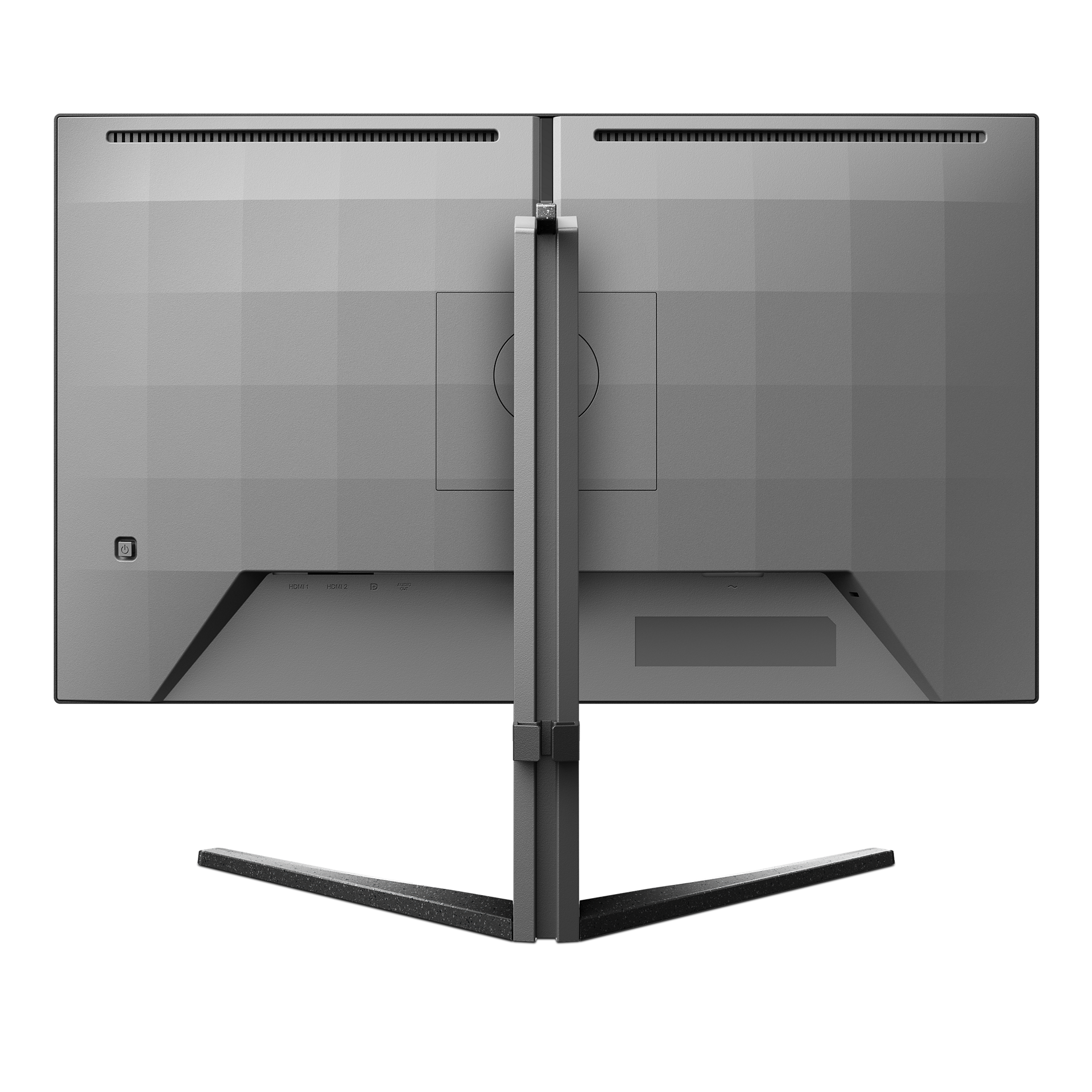 Parte trasera de una configuración de monitor dual. Las pantallas son grises con un patrón texturizado, soportadas por un soporte central y una base negra.