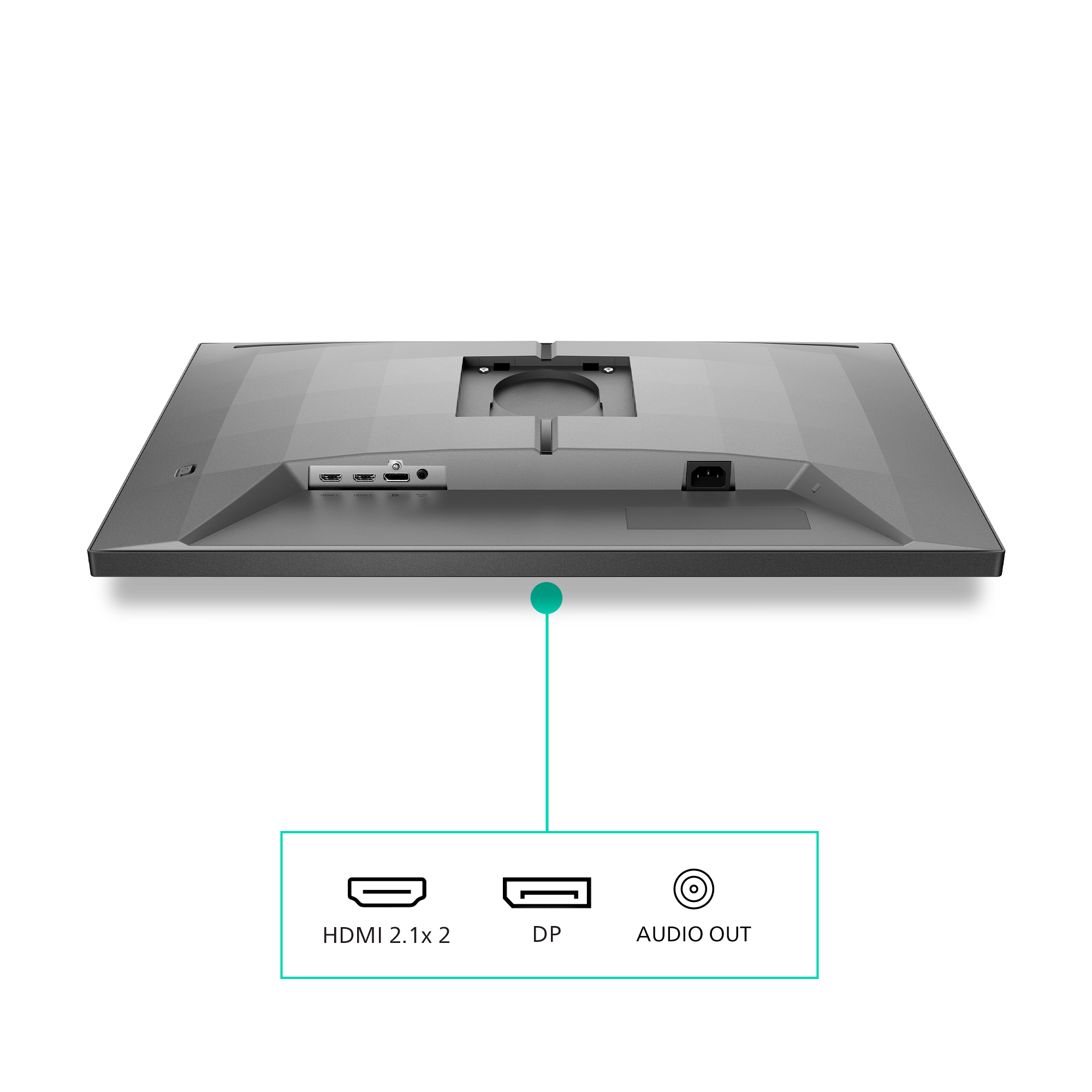Parte trasera de un monitor de computadora gris, con puertos HDMI, DisplayPort y salida de audio. Entrada de alimentación también visible.