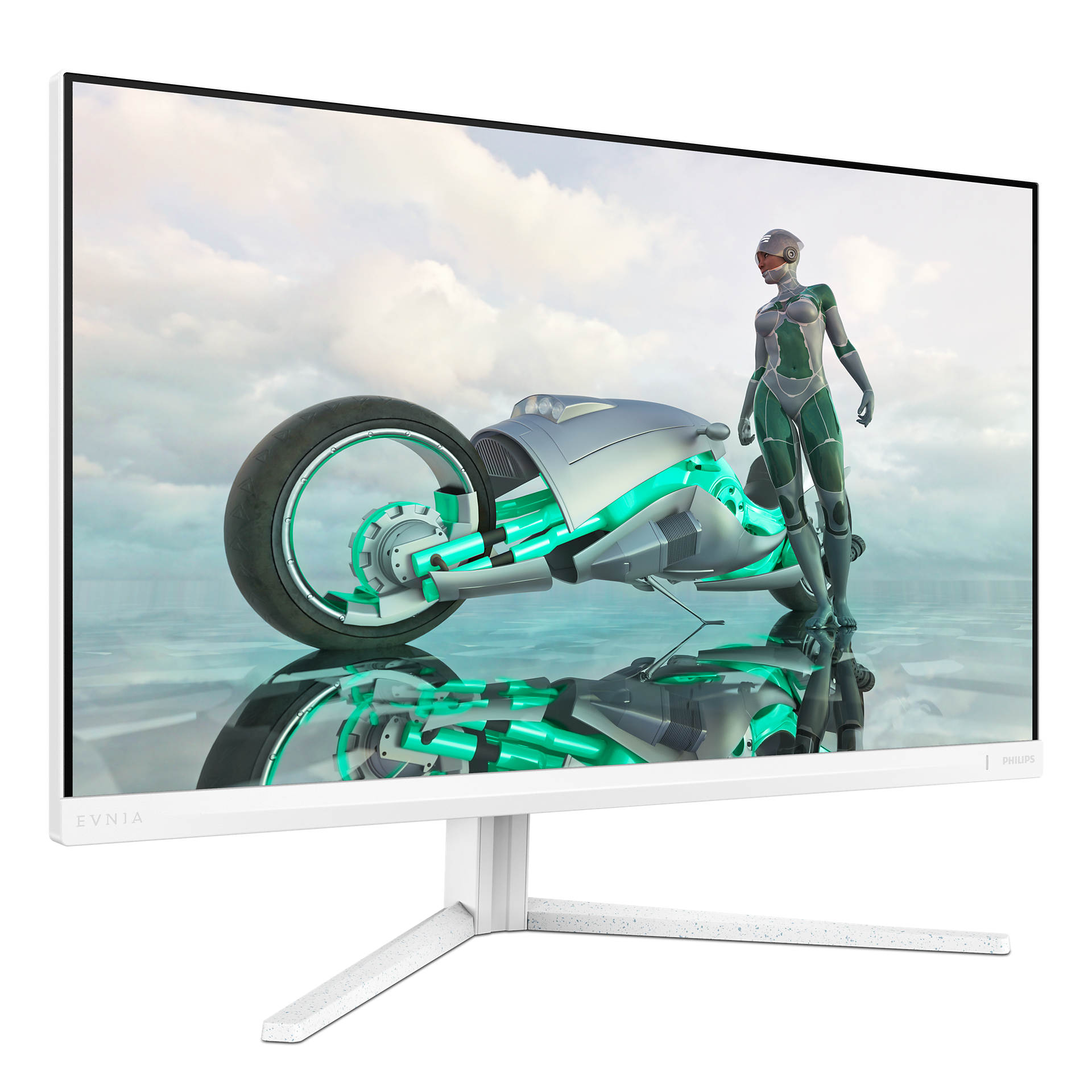 El monitor muestra una escena futurista con una mujer en traje junto a una moto. Domina el verde y la plata.