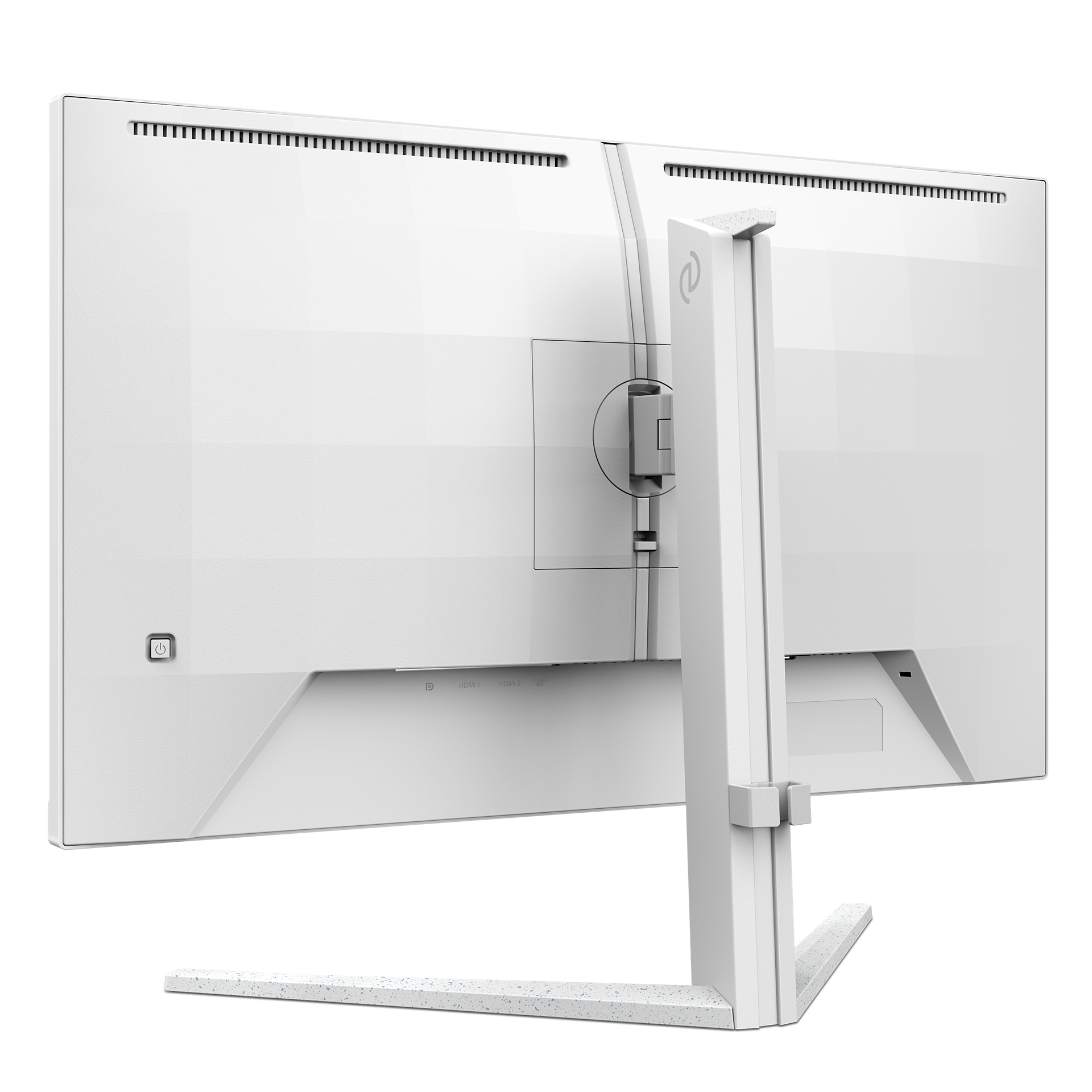 Se muestra la parte trasera de un monitor blanco con soporte. Los puertos son visibles. El botón de encendido y el soporte son blancos.