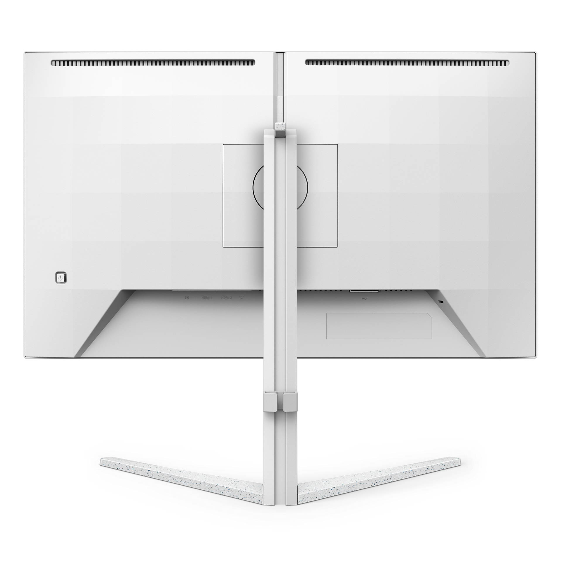 La parte posterior de un monitor blanco con soporte. Tiene ventilaciones, puertos y un botón de encendido. El soporte también es blanco.