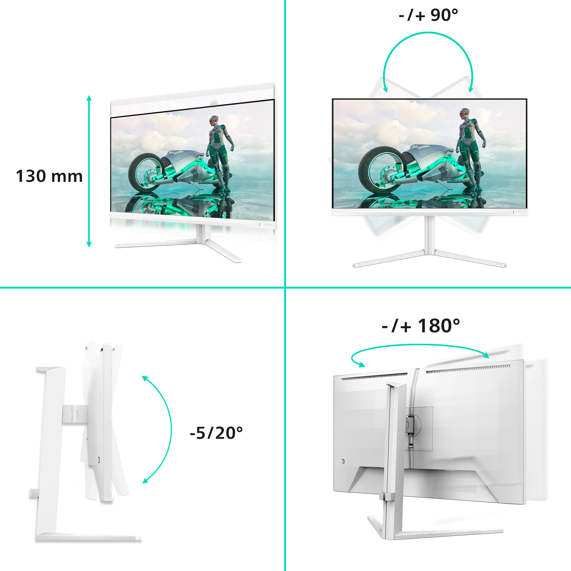 Cuatro vistas de un monitor de computadora blanco que muestra la rotación e inclinación de la pantalla. La pantalla muestra una escena futurista.