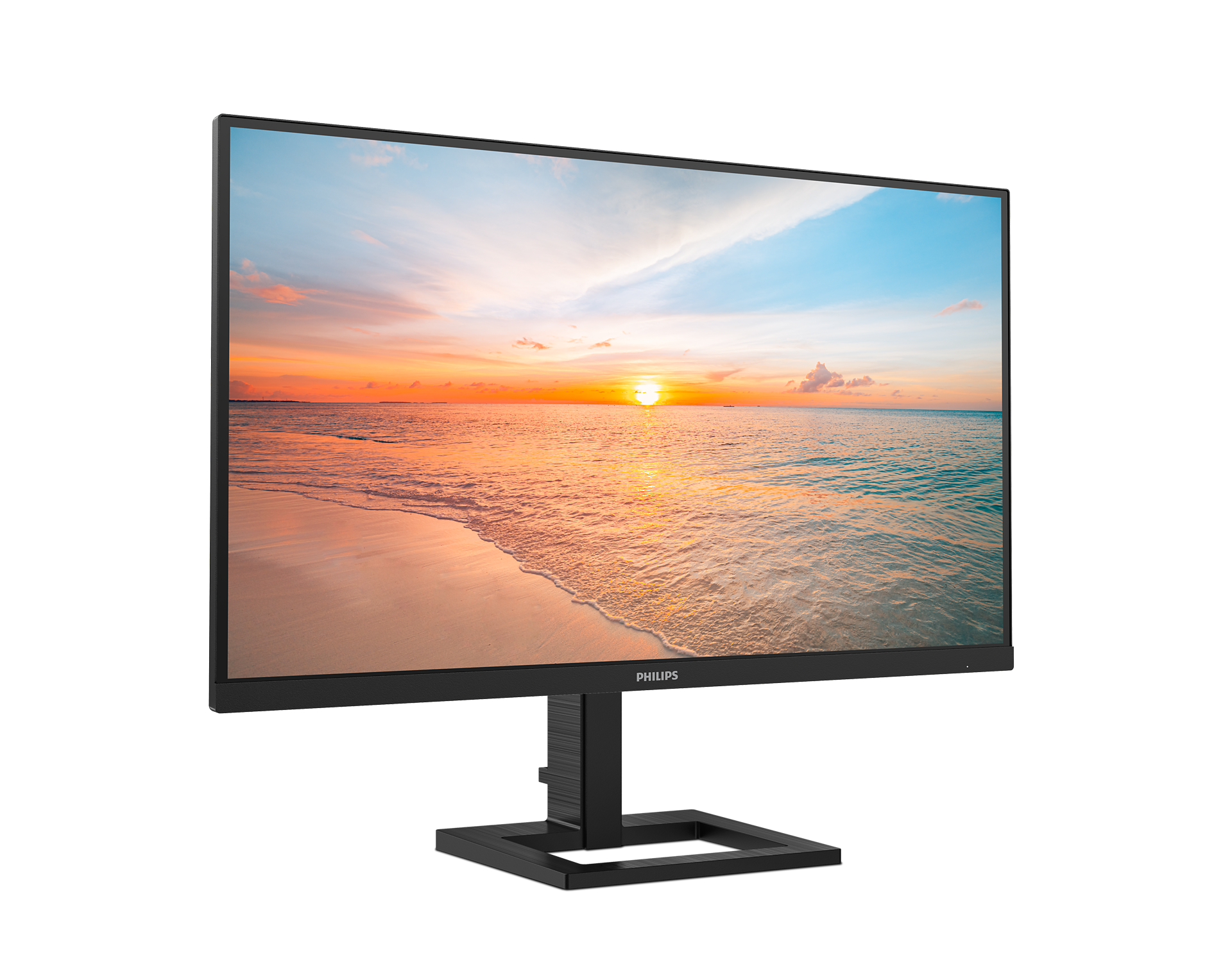 Un monitor Philips muestra una escena de atardecer en la playa. El monitor es negro con base cuadrada y el logotipo de Philips es visible.