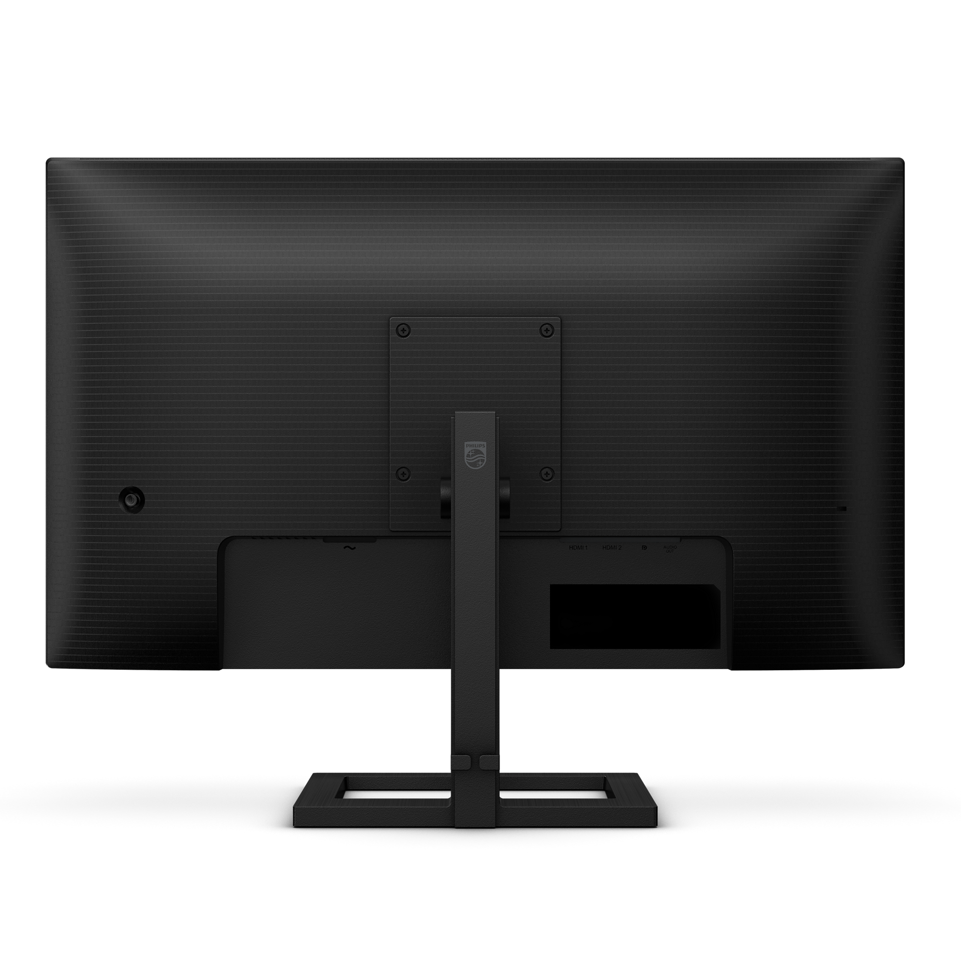 Vista trasera de un monitor Philips negro. Tiene un soporte y puertos etiquetados como HDMI 1, HDMI 2 y D.