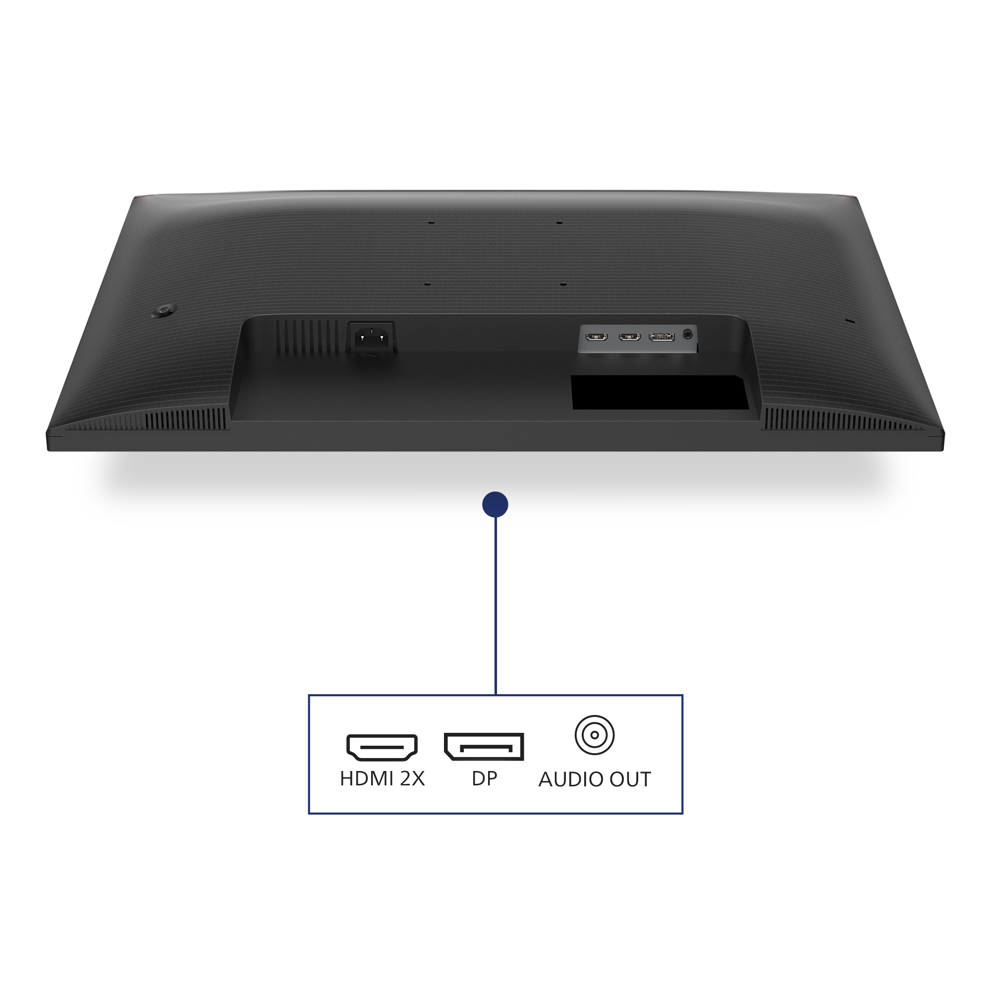 Parte trasera de un monitor negro. Puertos: HDMI, DP y salida de audio. También se ve el puerto de alimentación.