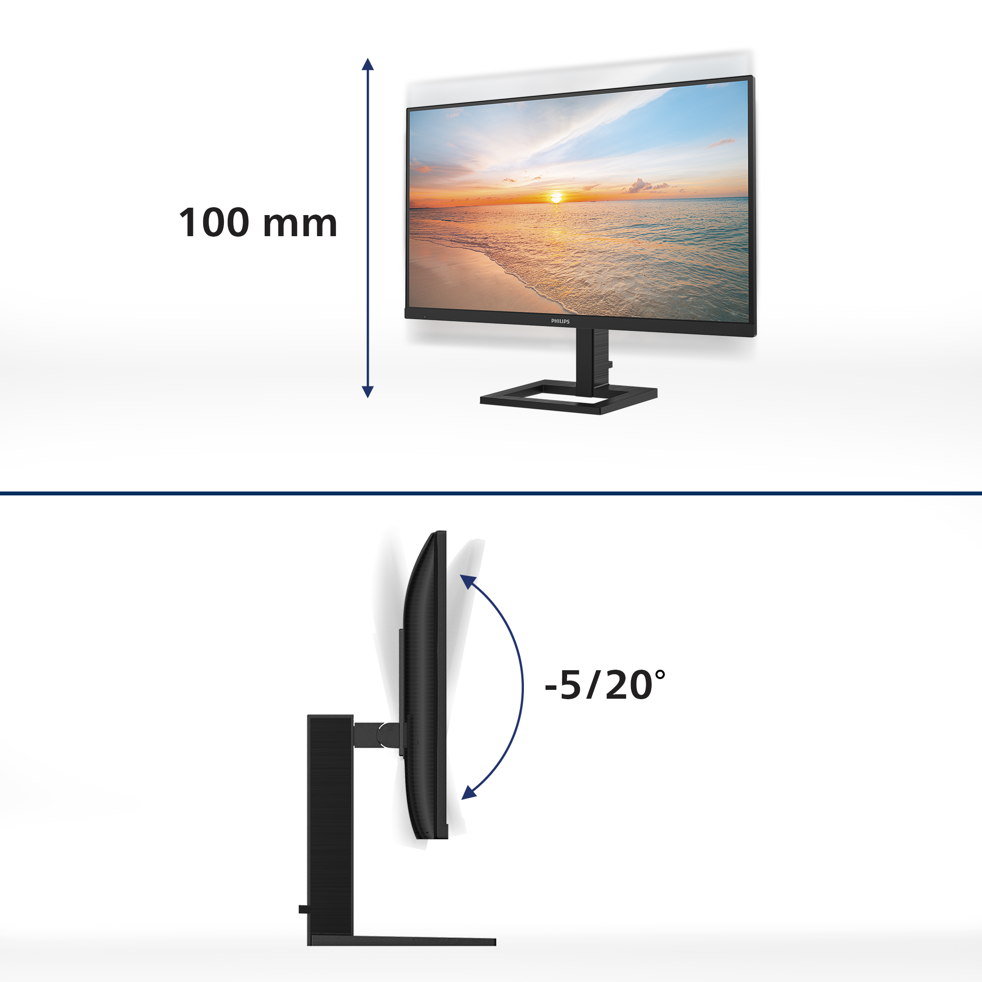 Monitor con escena de playa. Muestra el ángulo de inclinación de -5/20 grados y la altura de 100 mm.