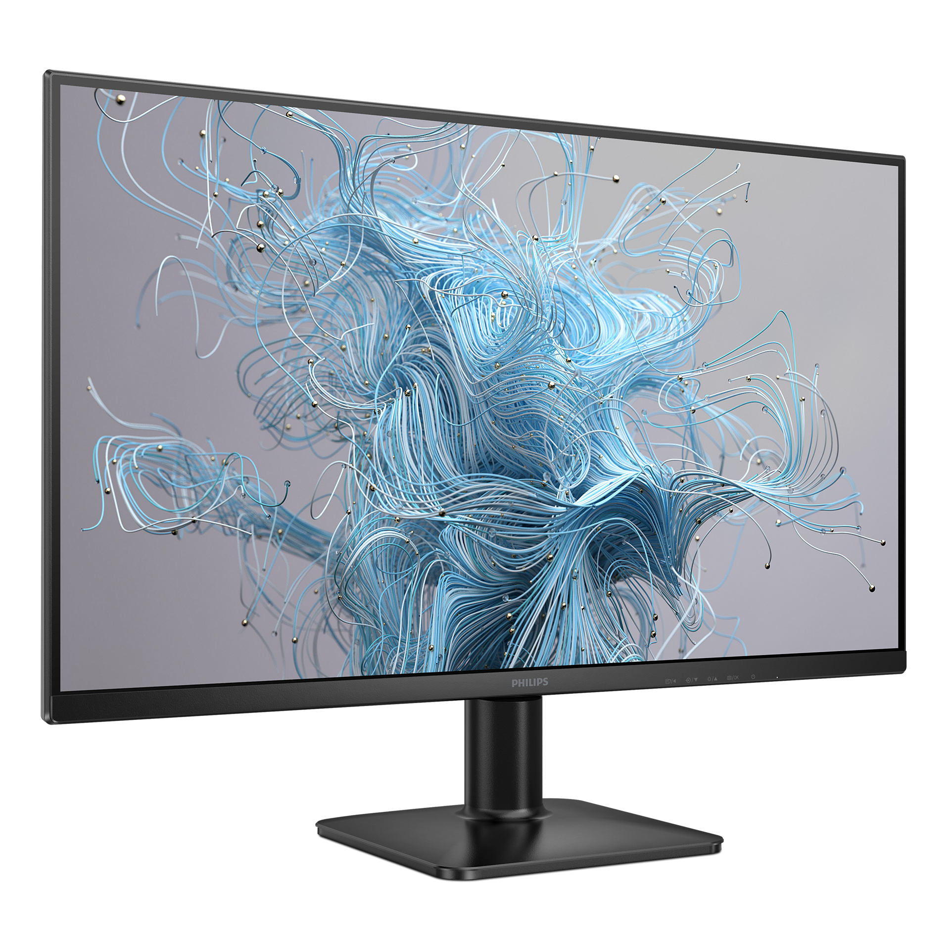 Un monitor Philips negro muestra líneas y esferas abstractas azules. Se apoya sobre una base negra.