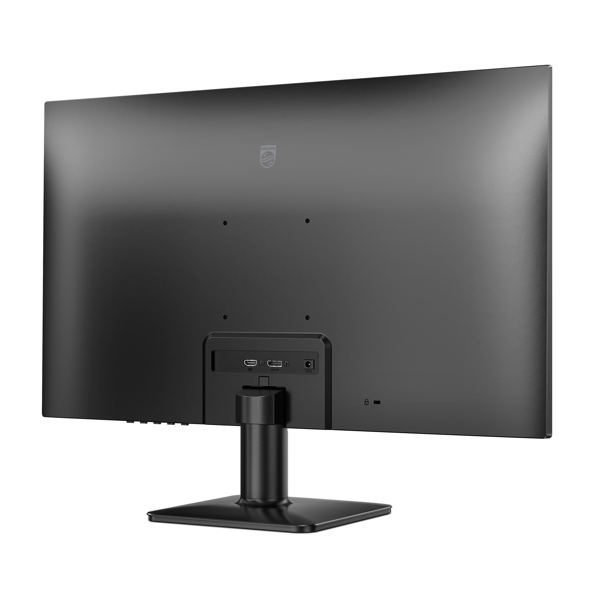 La parte trasera de un monitor de computadora negro. Tiene un soporte y puertos de conexión en la parte inferior.