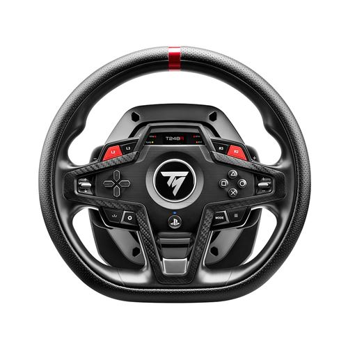 Un volante de carreras negro y gris con detalles rojos. Tiene botones, un logotipo central y una franja roja en la parte superior.
