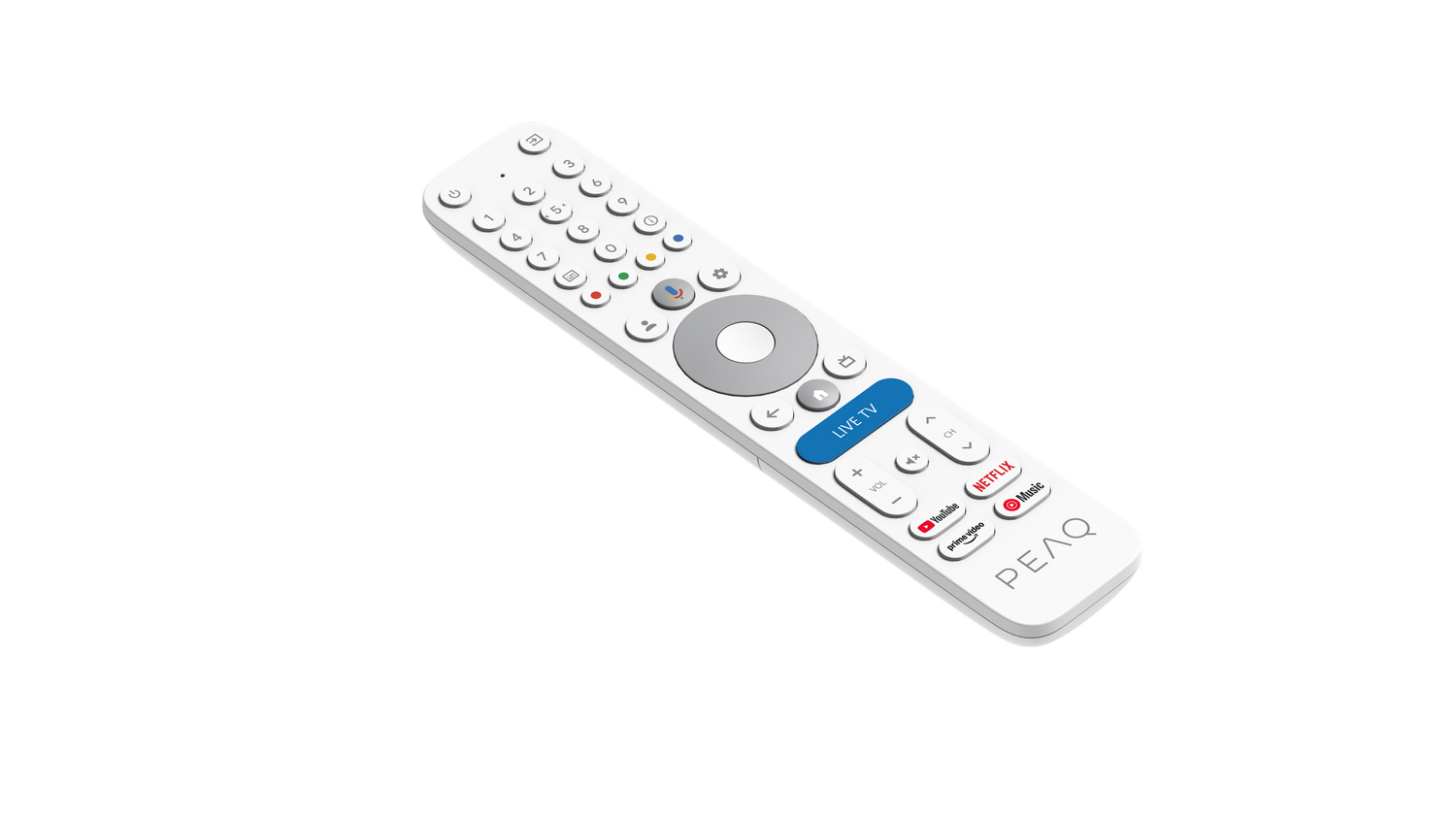 Un mando a distancia PEAQ blanco, en ángulo sobre una superficie gris. Botones de Live TV, Netflix, YouTube y volumen visibles.