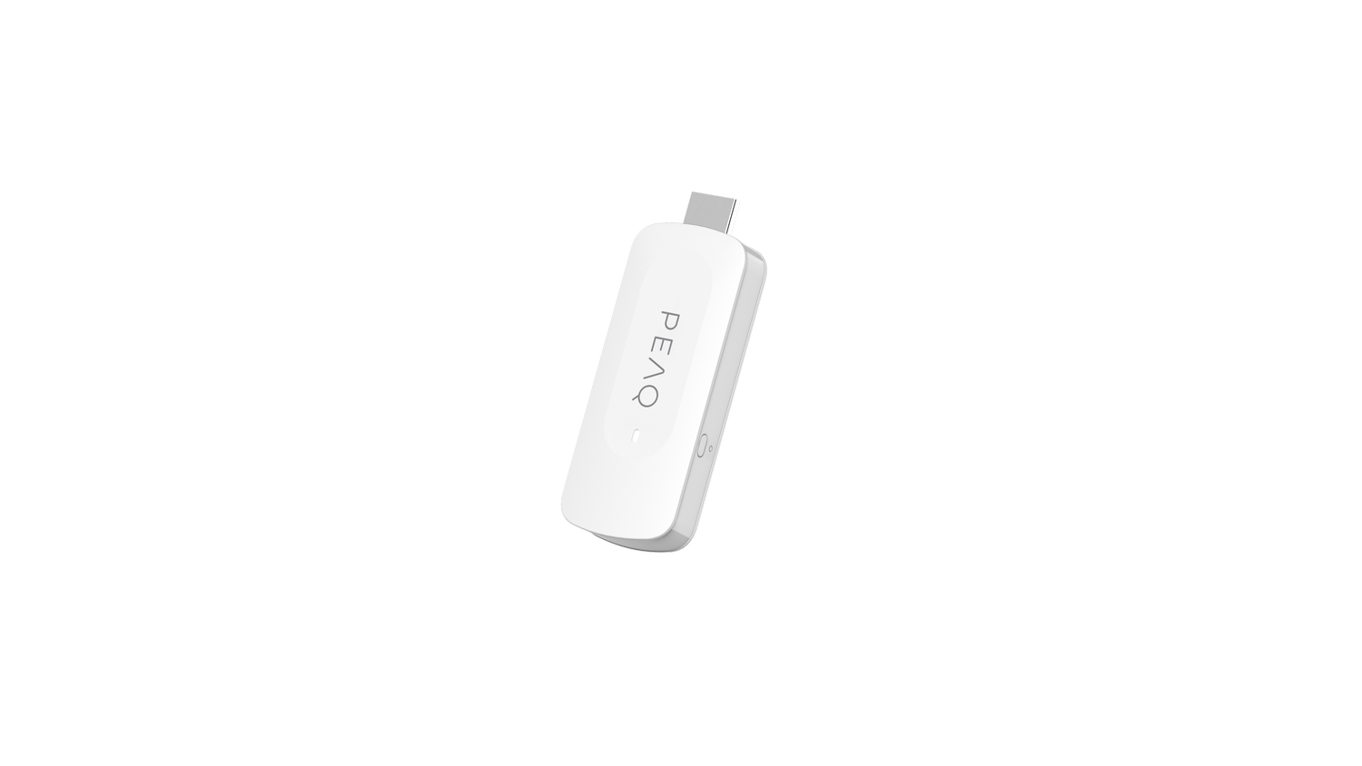 Un dispositivo USB PEAQ blanco sobre fondo gris. Tiene un conector USB-C. La marca PEAQ está escrita en el dispositivo.