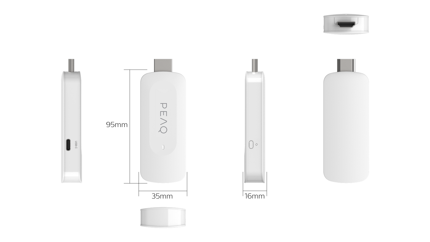 Dispositivo USB-C PEAQ blanco, dimensiones mostradas. Incluye un adaptador HDMI separado. Visto desde múltiples ángulos sobre fondo gris.