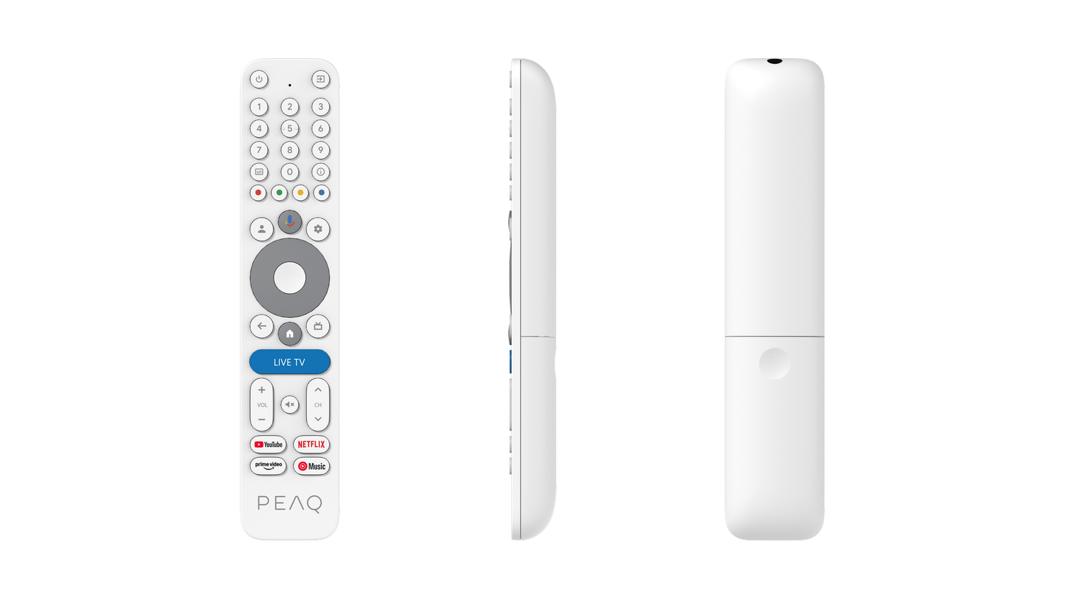 Un mando a distancia blanco con botones, un control circular central y logotipos de servicios de transmisión en gris.