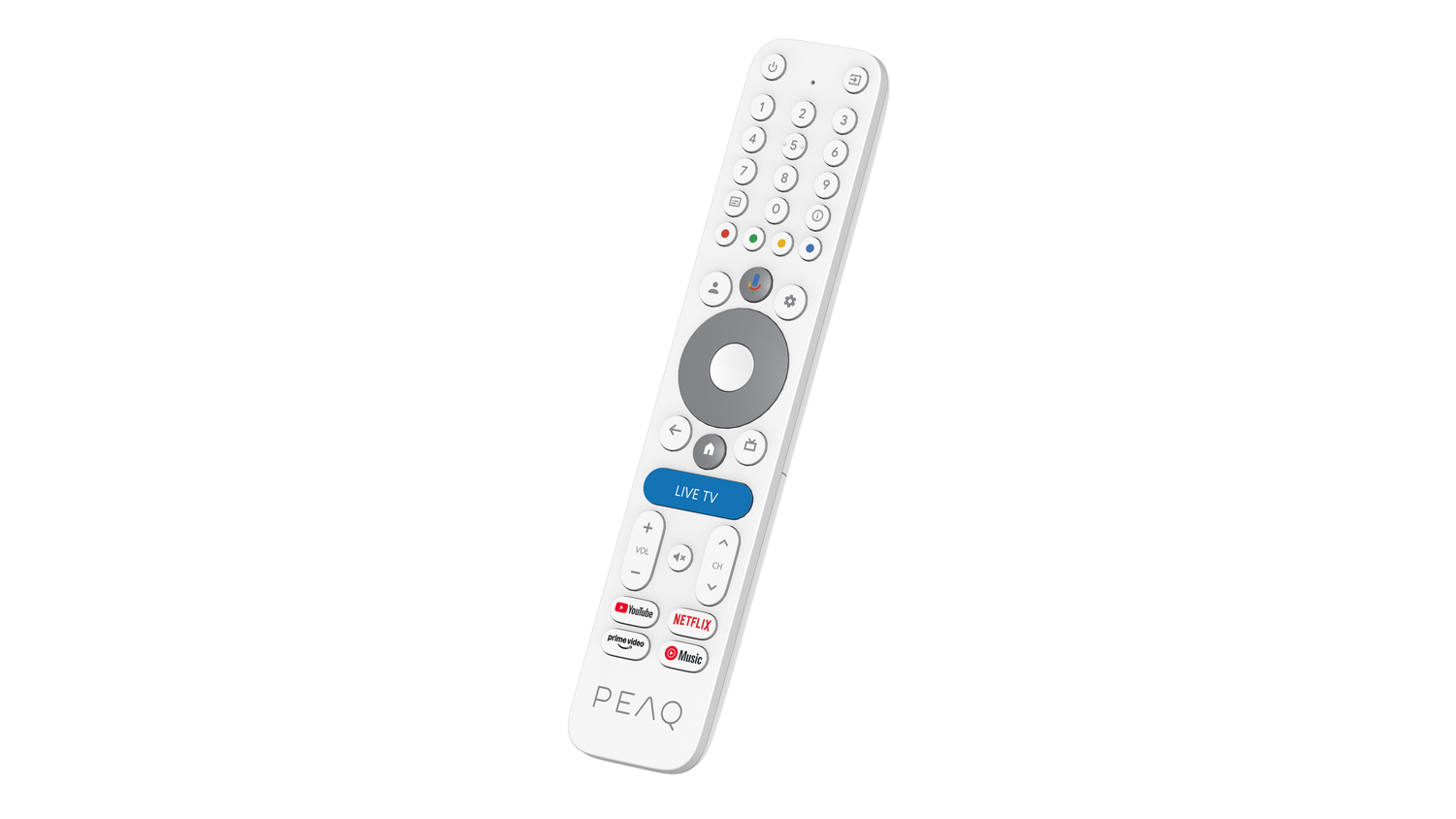 Un mando a distancia PEAQ blanco, en ángulo, sobre un fondo gris. Tiene botones para volumen, canal, YouTube, Netflix y más.