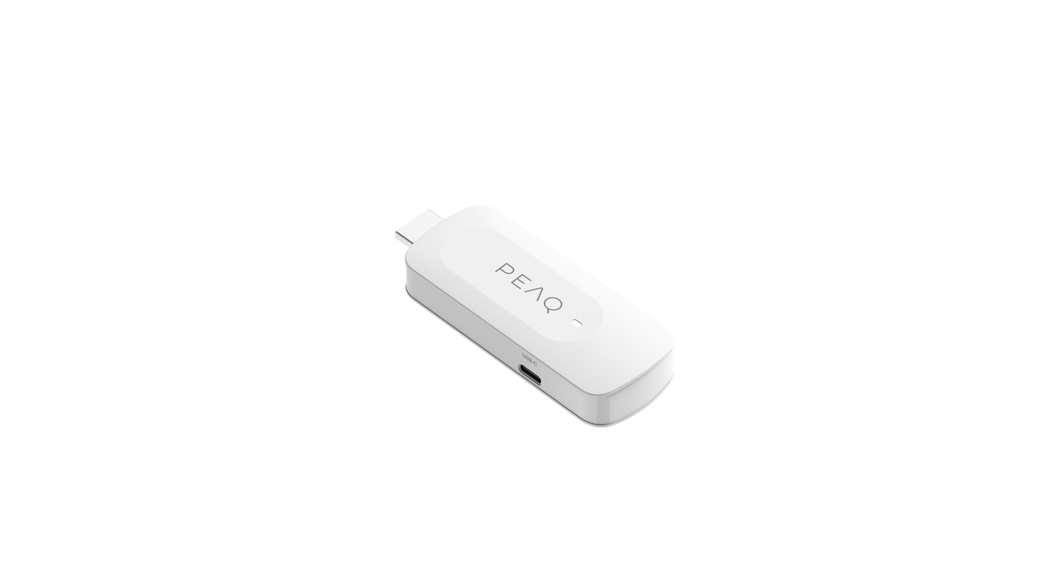 Un dispositivo blanco y rectangular con la palabra PEAQ y un puerto USB-C, sobre un fondo gris.