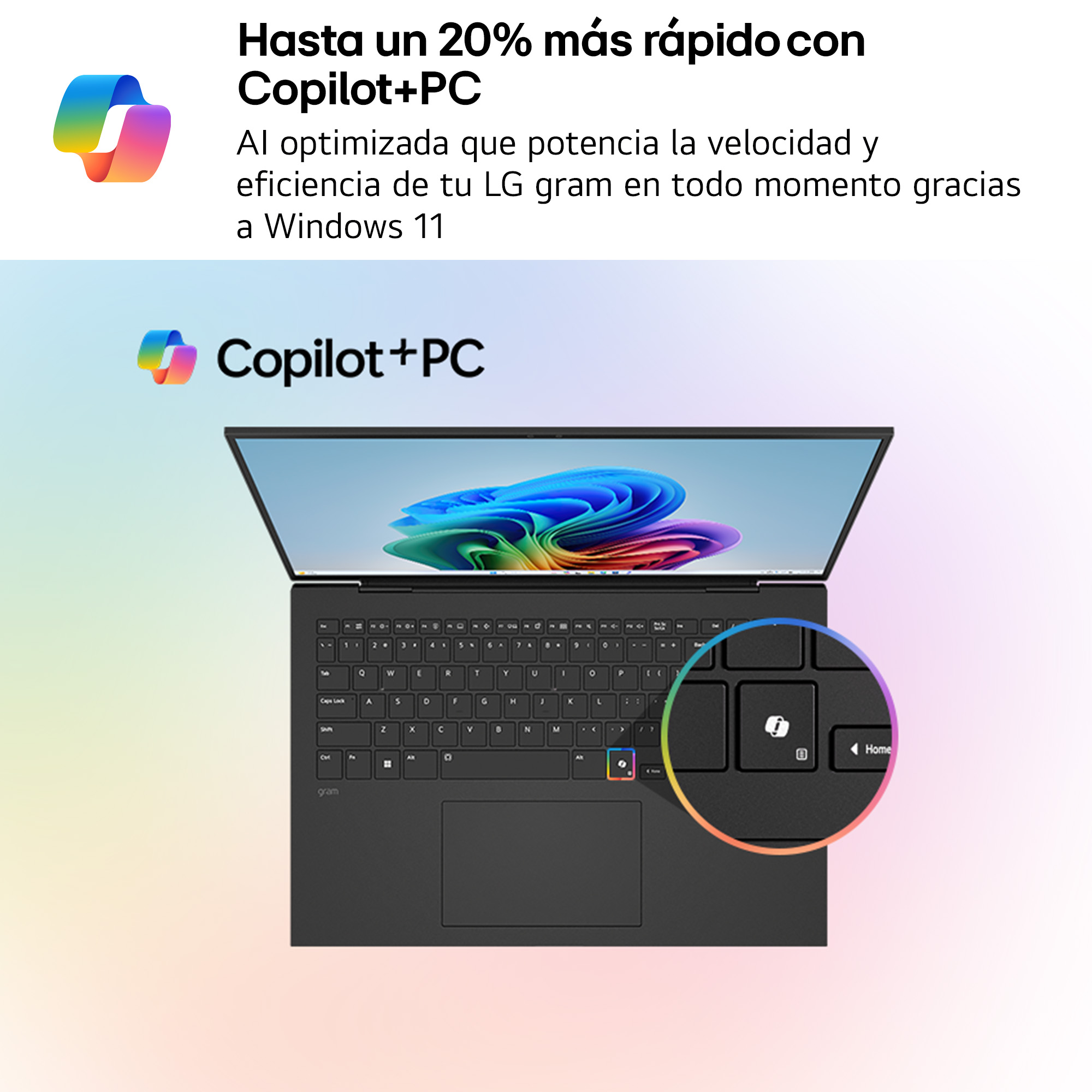 Ordenador portátil con la marca Copilot+PC. Se ven las teclas del teclado. Un logotipo colorido está en la parte superior izquierda.