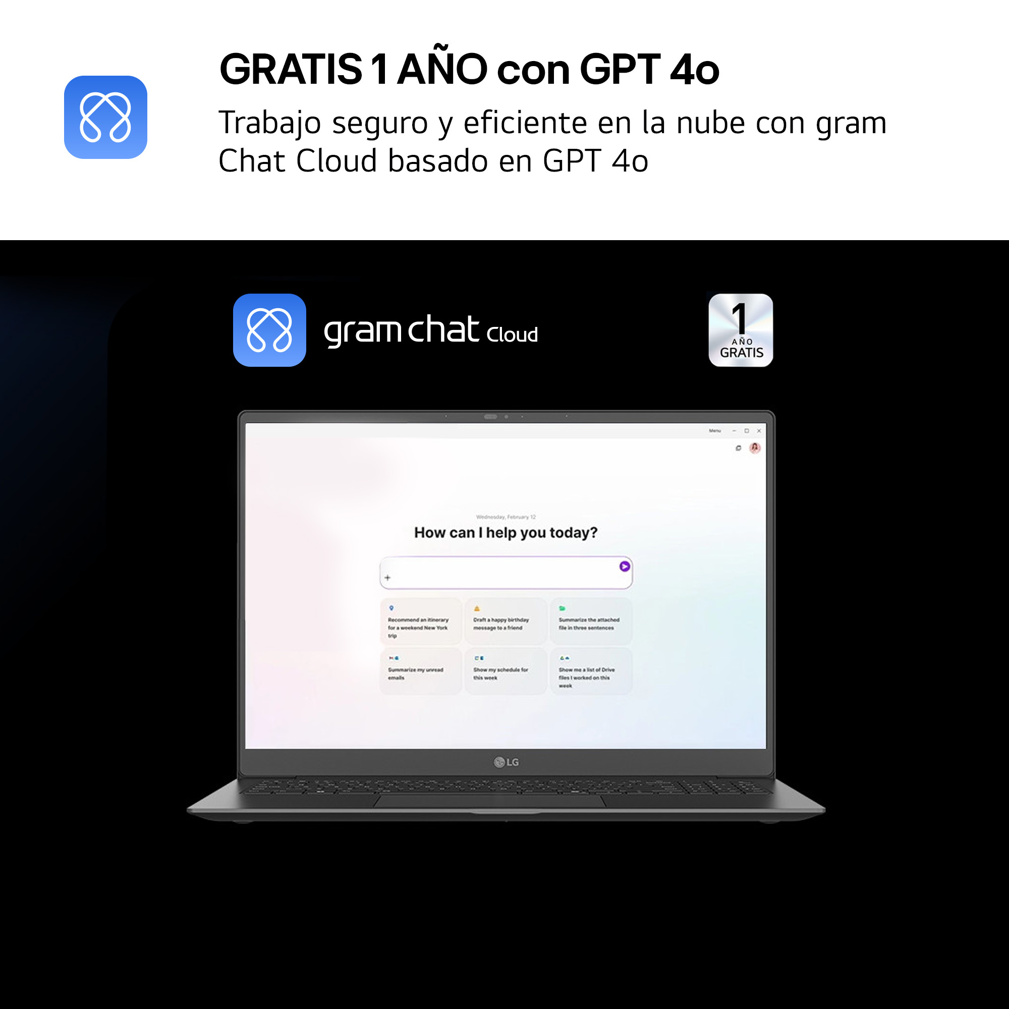 Portátil con interfaz de gram chat cloud en pantalla. Texto: GRATIS 1 AÑO con GPT 4o.