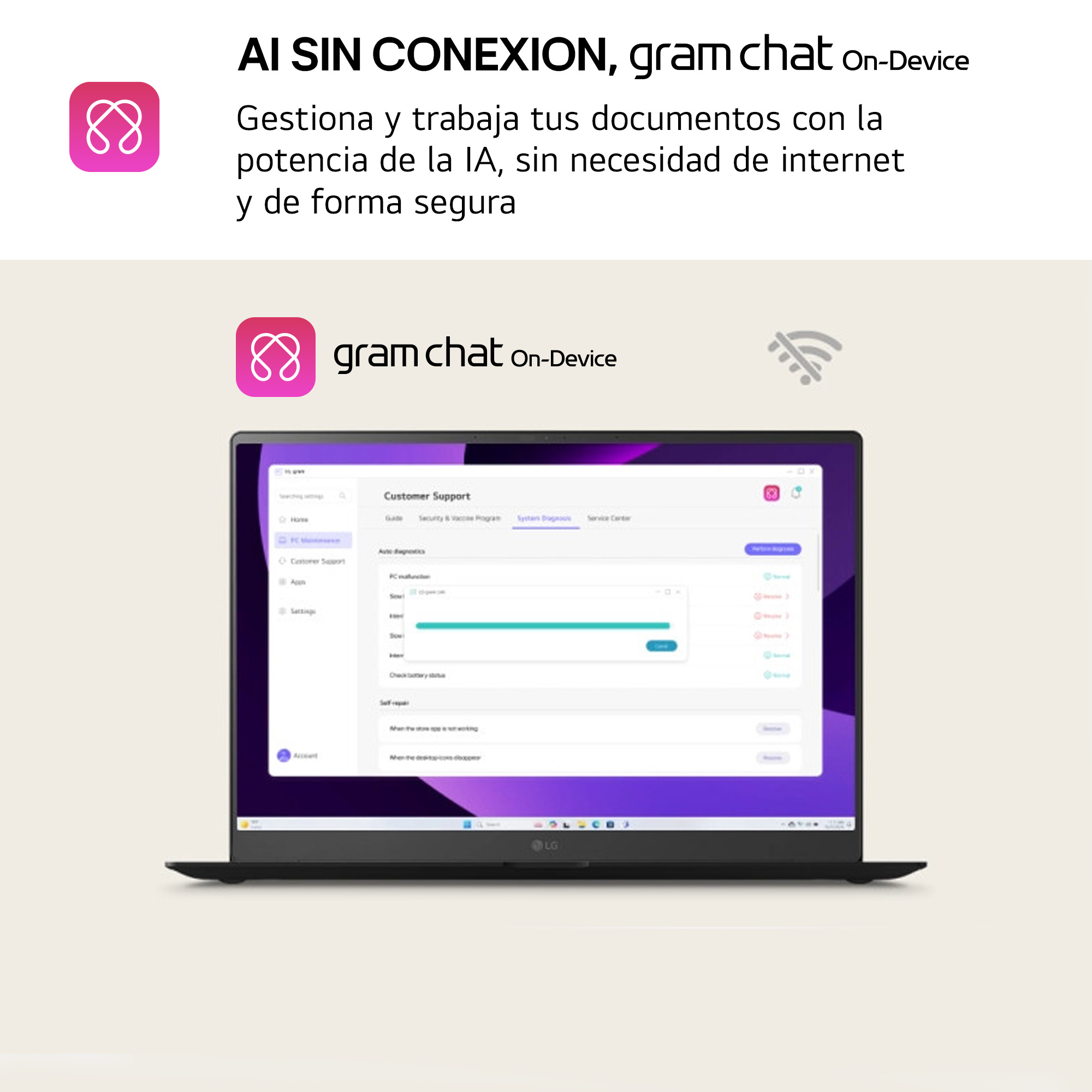Ordenador portátil sobre un fondo claro. La pantalla muestra una página de soporte al cliente. El logo de la app es un símbolo de infinito rosa.