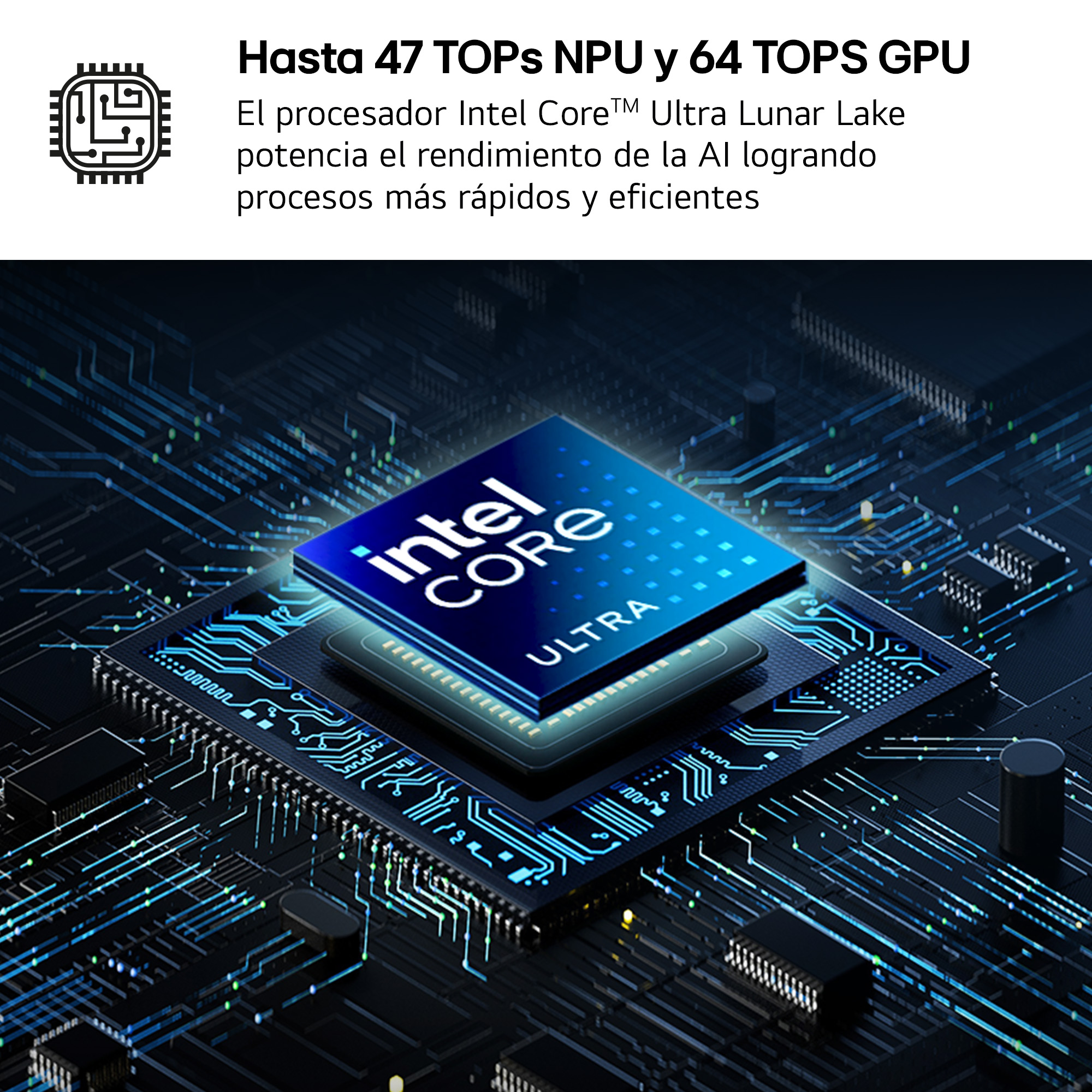Procesador Intel Core Ultra en una placa de circuito, con acentos azules y negros. El texto indica mejoras de rendimiento.