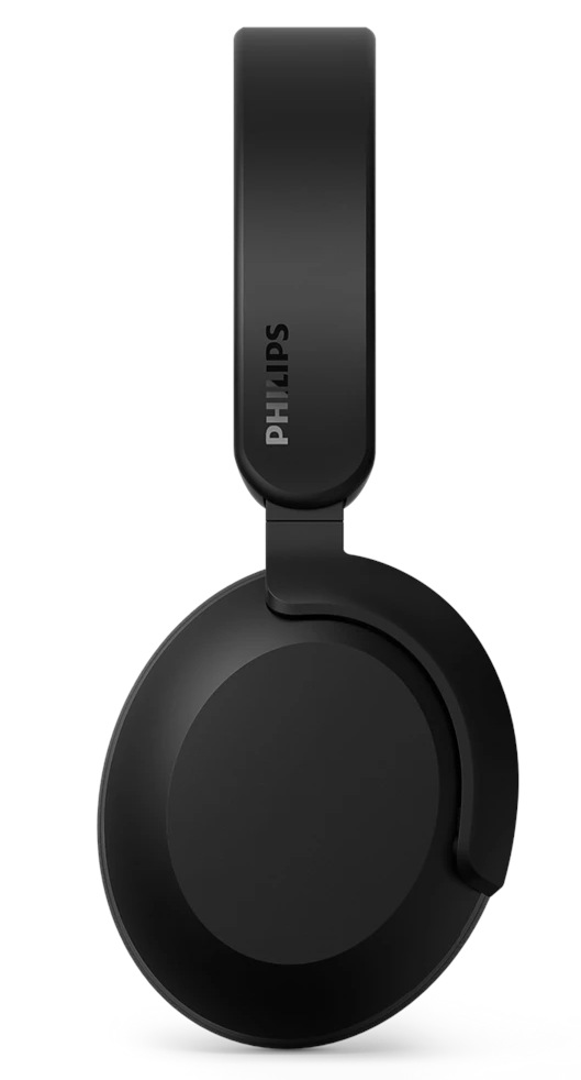 Czarne słuchawki Philips, wyśrodkowane na białym tle. Słuchawki to model nauszny, z widoczną nazwą marki.