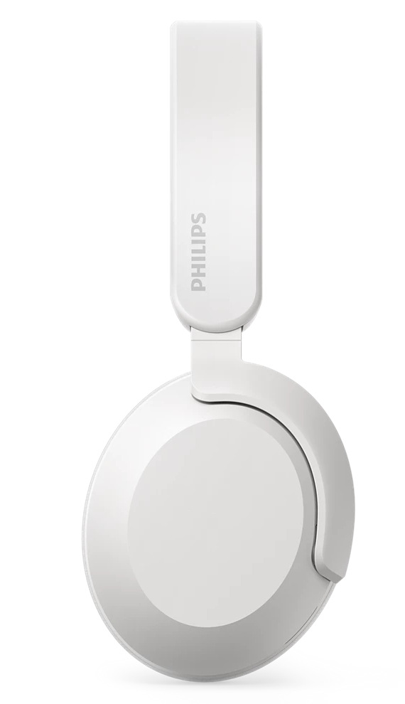 Białe słuchawki Philips, złożone. Pałąk znajduje się u góry z napisem „PHILIPS”.